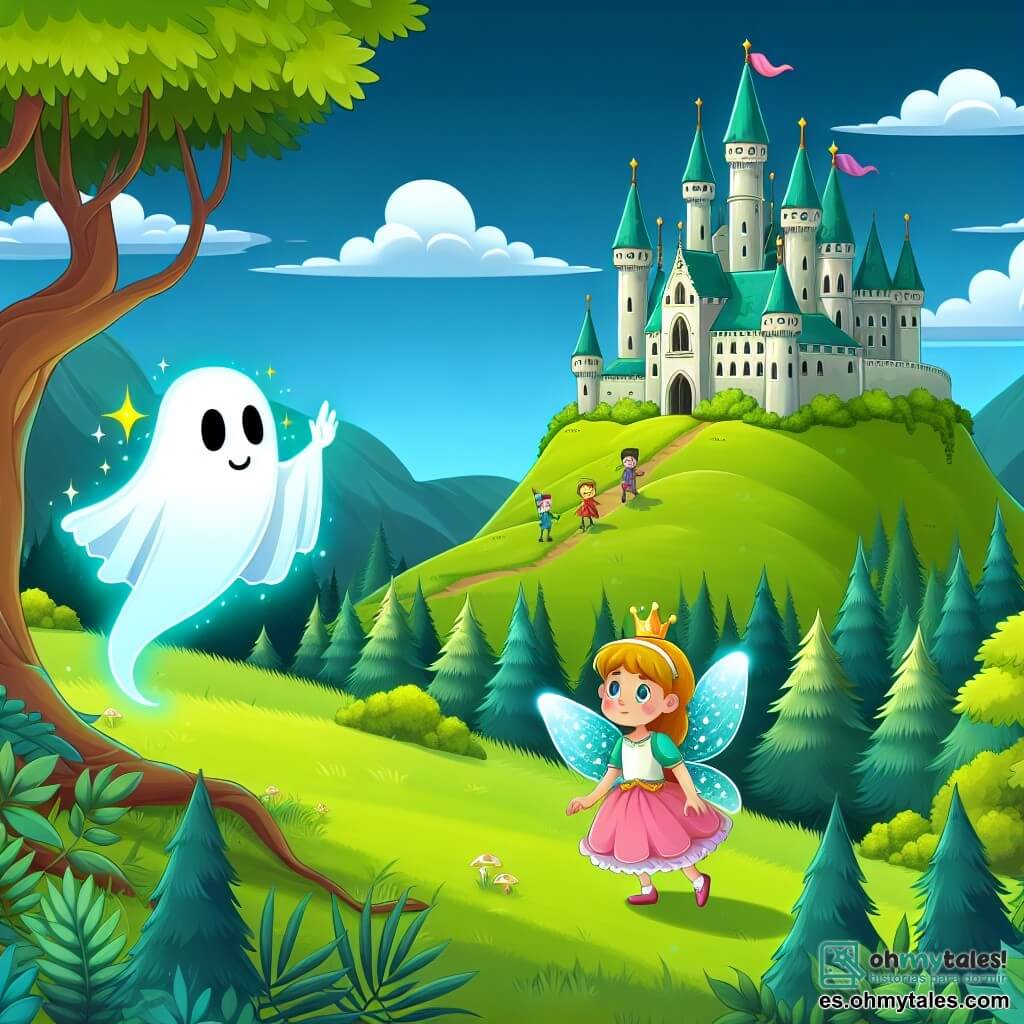Une illustration destinée aux enfants représentant un fantôme curieux et lumineux explorant un bosque enchanté, accompagné d'une fée étincelante, dans un château majestueux perché sur une colline verdoyante.
