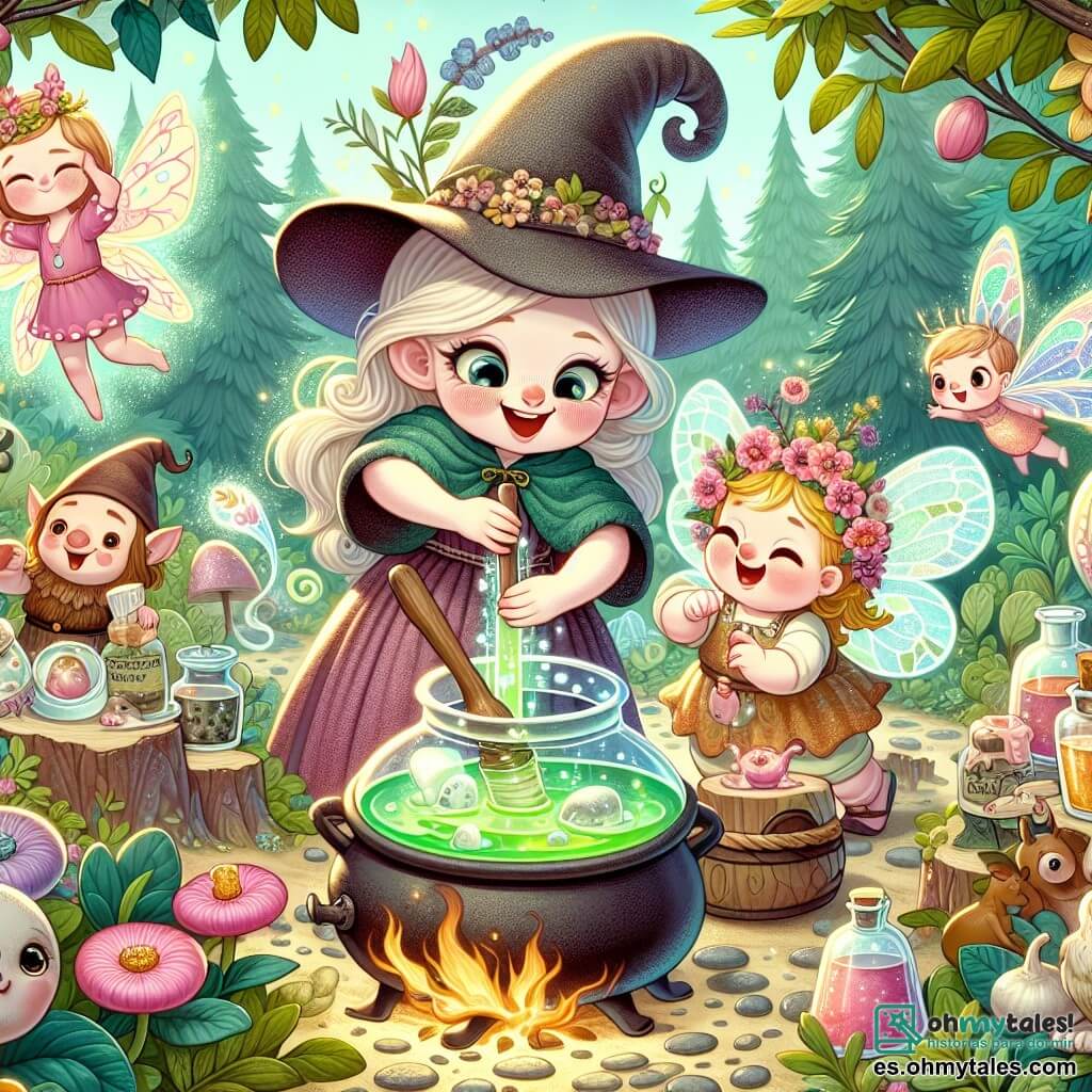 Une illustration destinée aux enfants représentant une sorcière joyeuse et maladroite, concoctant des potions magiques qui font rire les pierres du chemin, accompagnée de son amie, la douce fée Mariposa, dans un bosquet enchanté rempli de créatures fantaisistes comme un duende affamé et un licorne maladroite.