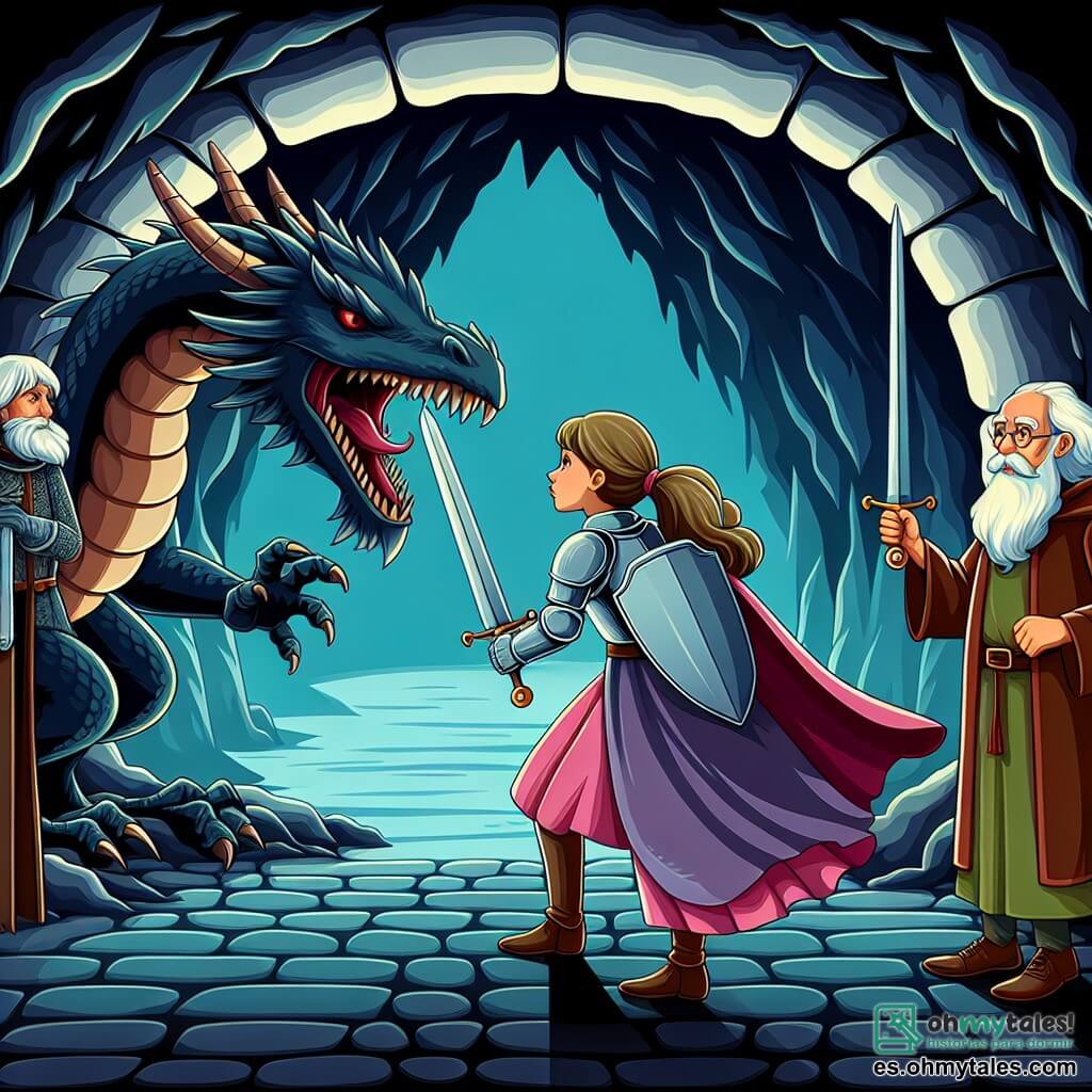 Une illustration destinée aux enfants représentant une courageuse chevalière affrontant un dragon féroce dans une sombre et mystérieuse grotte, avec un vieux magicien sage observant la scène depuis l'entrée de la caverne.