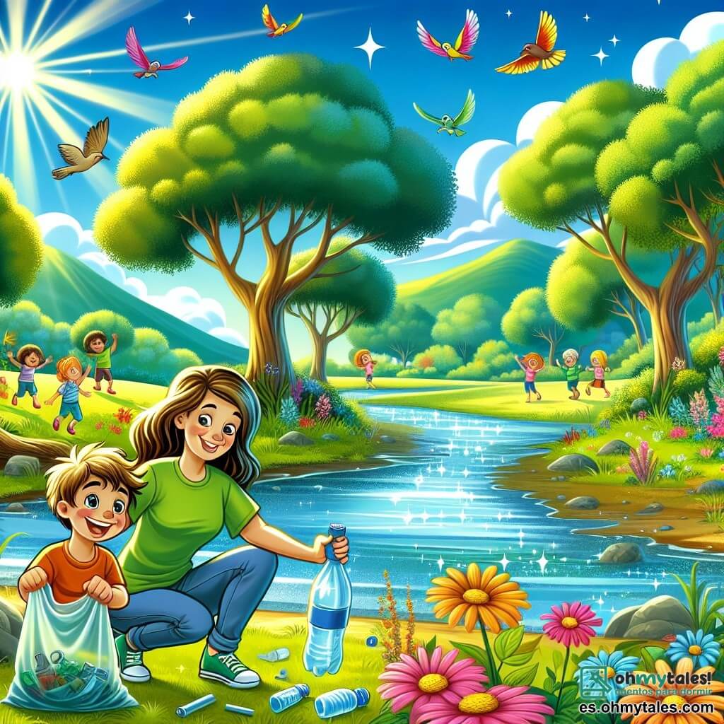 Ilustración que representa una hermosa reserva natural a plena luz del día, con majestuosos árboles de hojas verdes brillantes, flores coloridas esparcidas por el suelo y un pequeño arroyo que brilla bajo el sol. En primer plano, un niño de 3 años, con cabello castaño desordenado y ojos brillantes, está agachado, sosteniendo una botella de plástico que acaba de recoger con una gran sonrisa en su rostro. A su lado, una mujer de unos 30 años, con cabello castaño largo y una camiseta verde, lo observa con orgullo, con los brazos cruzados, mientras le muestra otros desechos para recoger. En el fondo, aves coloridas vuelan en el cielo azul, y otros niños juegan alegremente cerca del arroyo, añadiendo una atmósfera de felicidad y camaradería. Mariposas bailan alrededor de las flores, y el sol brilla, iluminando esta escena de naturaleza y solidaridad.