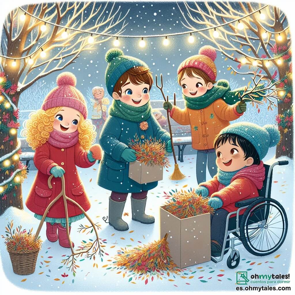 Ilustración que representa un jardín de invierno mágico, donde los árboles están cubiertos de nieve brillante y las hojas de colores caen suavemente al suelo. En el centro, cuatro niños están reunidos: una niña de cabello rizado y dorado, de unos 8 años, sonriente, con un abrigo rojo brillante, que sostiene un par de tijeras para cortar ramas secas; un niño de cabello castaño y corto, de unos 9 años, con un gorro azul y una bufanda verde, que recoge hojas con entusiasmo; una niña de cabello liso y castaño, de unos 7 años, vestida con un abrigo rosa, que sostiene una gran caja llena de decoraciones navideñas; y un niño de cabello negro, de unos 10 años, en silla de ruedas, que sonríe alegremente mientras ayuda a empujar una gran bolsa llena de hojas. La atmósfera es alegre y colaborativa, con copos de nieve cayendo suavemente a su alrededor, creando un ambiente cálido y festivo. Guirnaldas de luces brillantes están colgadas en los árboles, añadiendo un toque mágico a esta escena de amistad y preparación para el invierno.