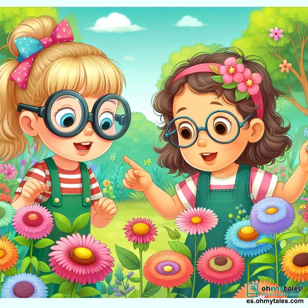 Une illustration destinée aux enfants représentant une petite fille curieuse et pleine de vie, portant des lunettes spéciales, qui fait une découverte fascinante avec l'aide de son meilleur ami dans un jardin luxuriant rempli de fleurs colorées.