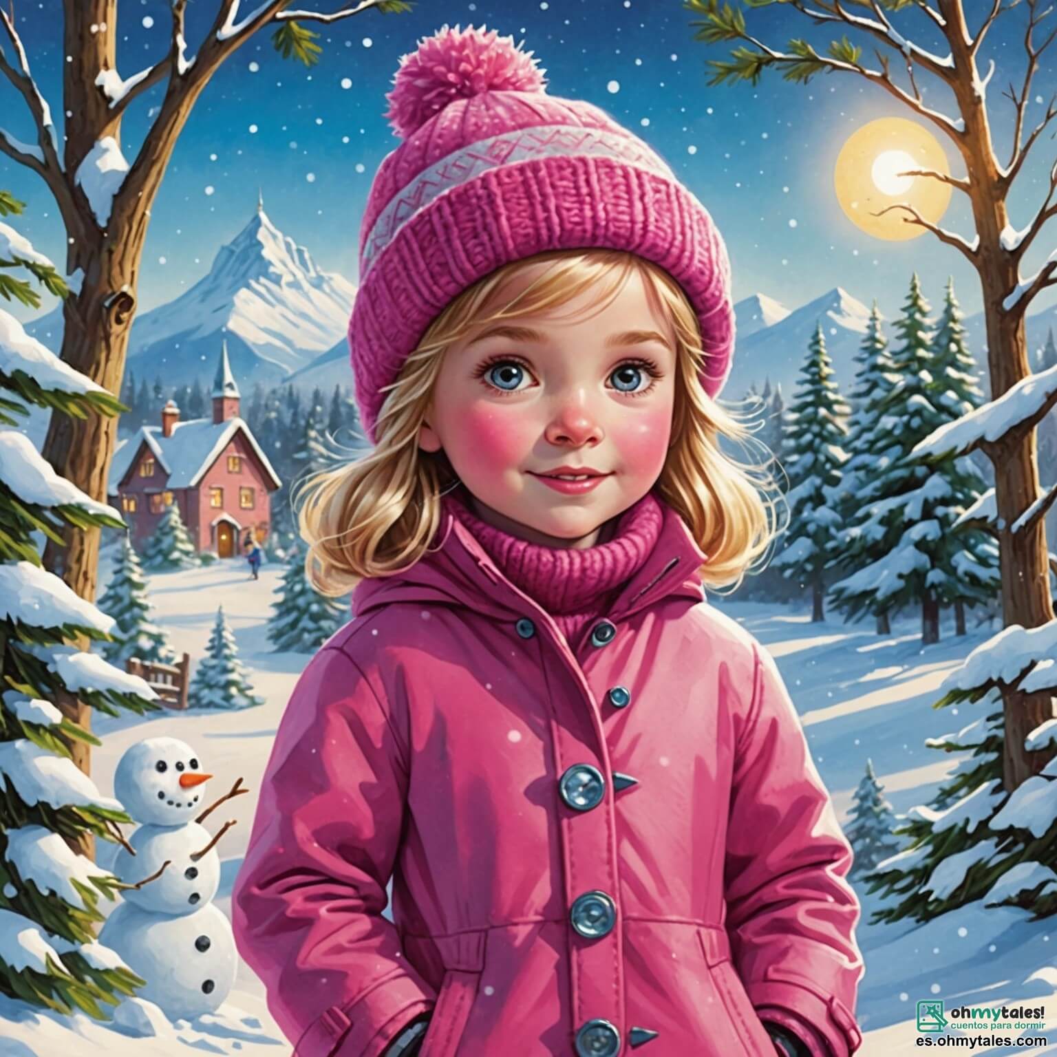 Une illustration destinée aux enfants représentant une petite fille aux yeux pétillants et aux joues roses, vêtue d'un manteau rose vif et d'un bonnet en laine, qui s'émerveille devant un paysage hivernal féérique où la neige scintille comme des diamants sous le soleil, tandis qu'elle s'apprête à construire un majestueux bonhomme de neige avec son ami, un garçon espiègle aux cheveux blonds, dans un jardin bordé de sapins enneigés, de maisons aux toits recouverts de neige et de flocons dansants qui tombent doucement du ciel, créant une atmosphère joyeuse et magique.