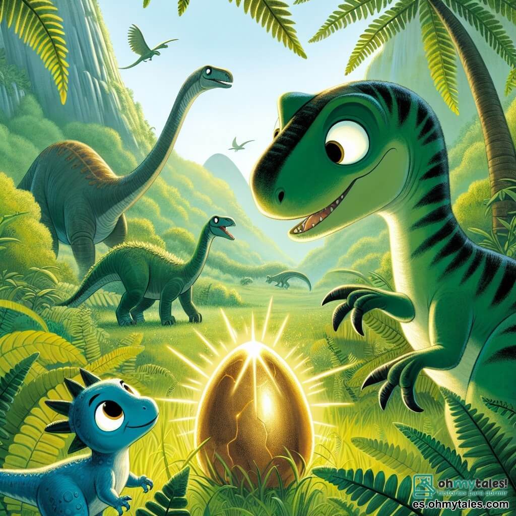 Une illustration destinée aux enfants représentant un vélociraptor garçon, curieux et aventurier, découvrant un mystérieux œuf doré brillant, accompagné de son nouvel ami, un petit dinosaure bleu aux grands yeux curieux, dans un vallon verdoyant et luxuriant peuplé de fougères géantes et de majestueux dinosaures.