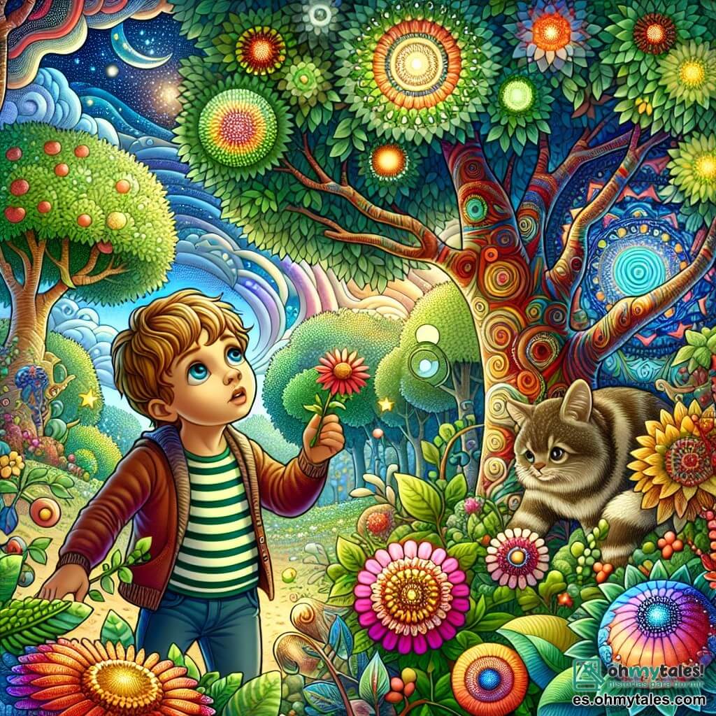 Une illustration destinée aux enfants représentant un jeune garçon plein de curiosité, découvrant un monde coloré et enchanteur, accompagné d'un nouvel ami, dans un parc parsemé de fleurs multicolores et d'arbres majestueux.