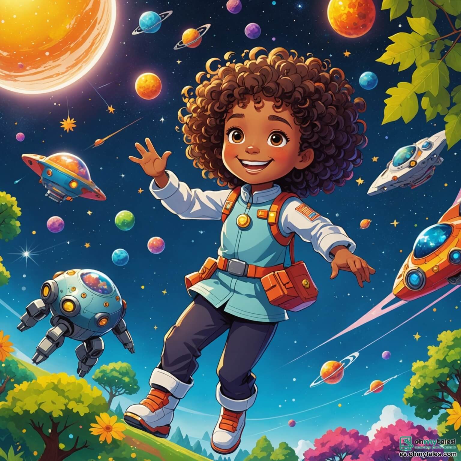Une illustration destinée aux enfants représentant une femme audacieuse aux cheveux bouclés et au sourire éclatant, prête à piloter sa brillante navette spatiale à travers un ciel étoilé parsemé d'astéroïdes scintillants, accompagnée de son petit robot espiègle aux couleurs vives, dans un monde merveilleux et vibrant de Zorblax, où des arbres géants aux feuilles multicolores dansent sous un soleil éclatant et où des créatures douces et amicales se rassemblent autour d'elle, créant une atmosphère de joie et d'aventure.