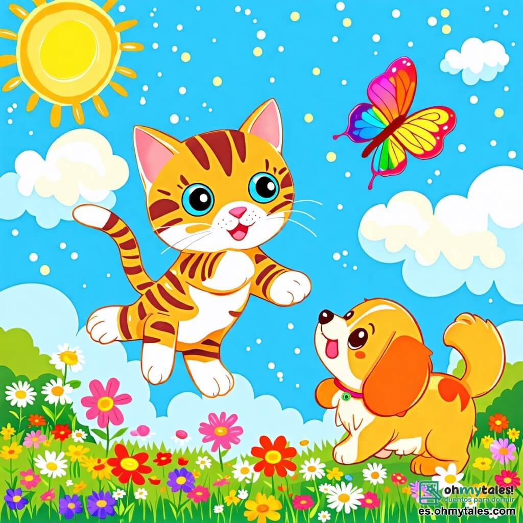 Une illustration sous forme de dessin destinée aux enfants représentant un parc ensoleillé rempli de fleurs colorées, avec un petit chat aux yeux pétillants et au pelage rayé qui saute joyeusement en poursuivant une mariposa brillante aux ailes multicolores, tandis qu'un chien au pelage doré les regarde avec un grand sourire, tous trois engagés dans un jeu d'amitié et de bonheur sous un ciel bleu parsemé de nuages moelleux.