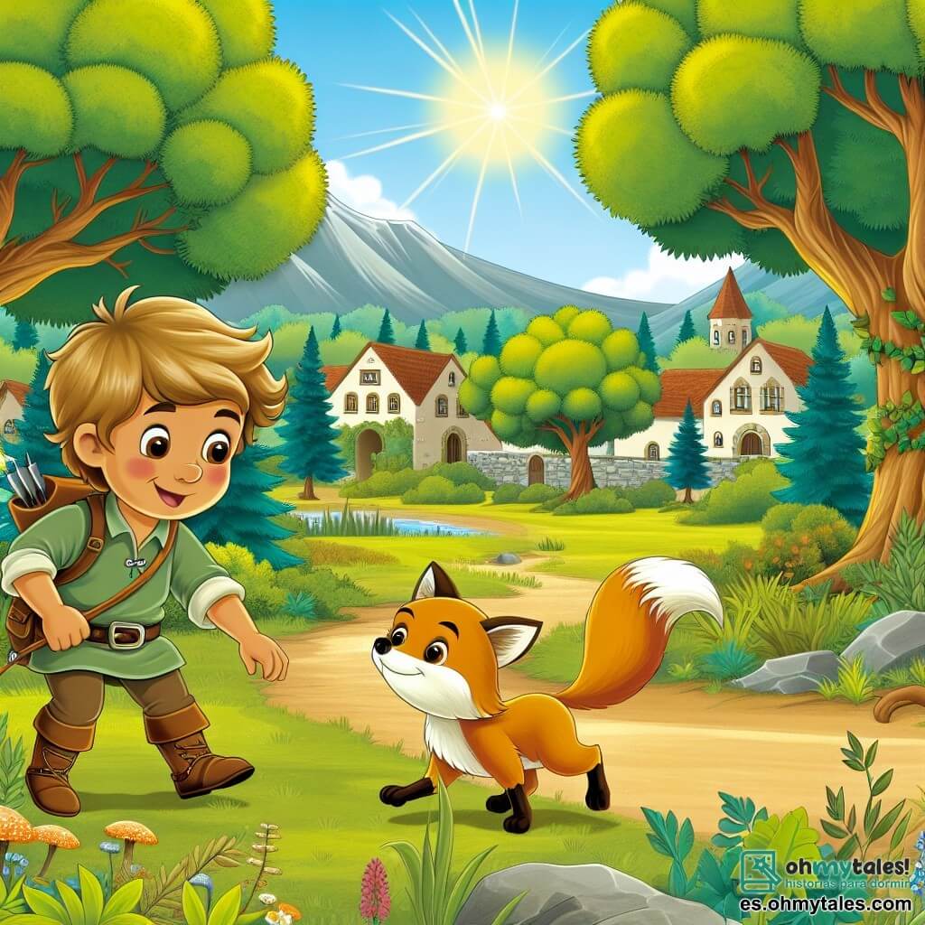 Une illustration destinée aux enfants représentant un garçon aventureux découvrant un petit zorro joueur dans une clairière ensoleillée entourée d'arbres majestueux dans le village de Villa Esperanza.