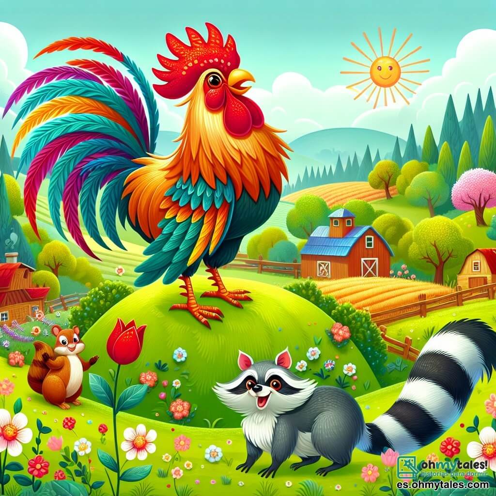 Une illustration destinée aux enfants représentant un magnifique coq aux plumes flamboyantes, se tenant fièrement au sommet d'une colline verdoyante, accompagné d'un petit raton laveur curieux, dans une ferme pittoresque entourée de champs fleuris et d'animaux joyeux.