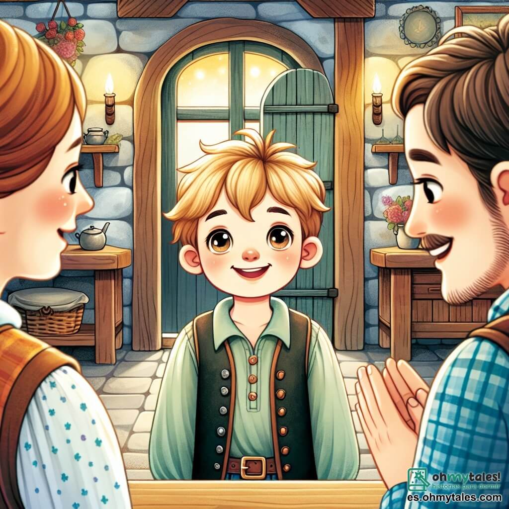 Une illustration destinée aux enfants représentant un garçon au cœur généreux, ses parents en pleine discussion dans une chaleureuse cuisine de maison de campagne.
