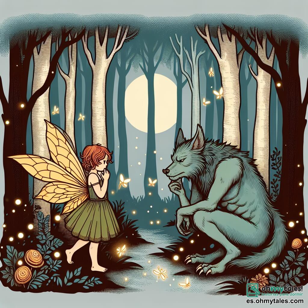 Une illustration destinée aux enfants représentant un loup-garou solitaire et triste rencontrant une petite fée curieuse et courageuse, dans le mystérieux bosque encantado où les arbres susurrent des secrets au vent et les luciérnagas illuminent le chemin des créatures magiques.