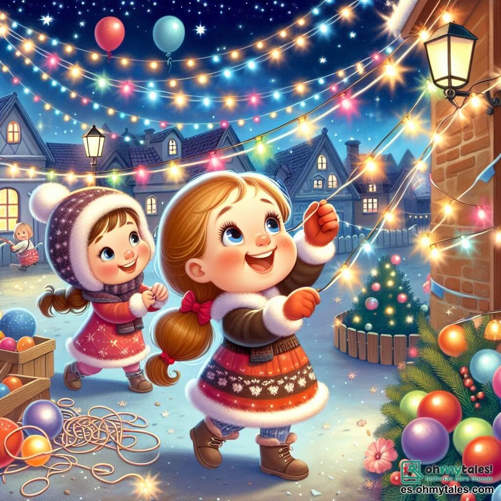 Une illustration destinée aux enfants représentant une fillette joyeuse et curieuse, aidant à décorer une place de village avec des lumières scintillantes et des ballons colorés, accompagnée de son meilleur ami, sous un ciel étoilé et lumineux lors de la fête de la Nouvelle Année.