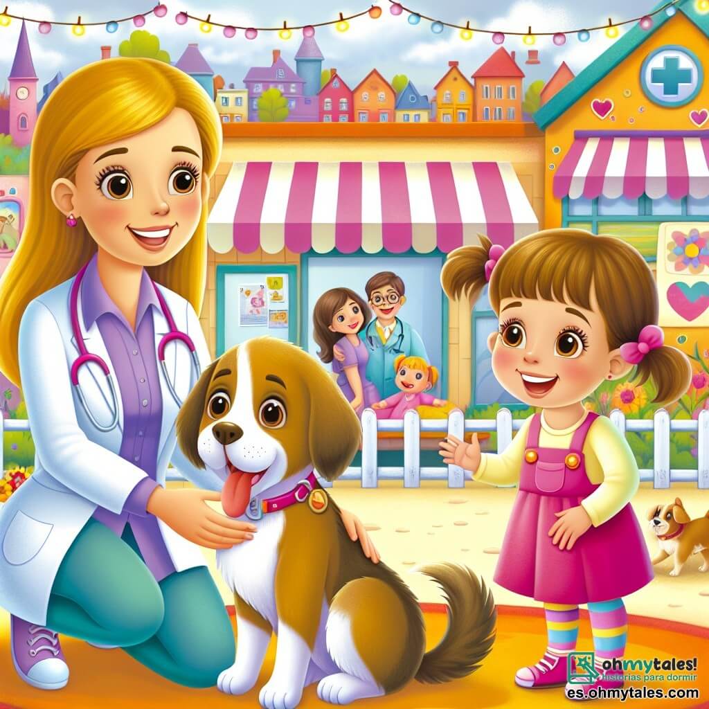 Une illustration destinée aux enfants représentant une jeune femme vétérinaire, une petite fille et son chien Pelusa dans une clinique vétérinaire colorée et chaleureuse au cœur d'un village joyeux appelé Arcoiris.