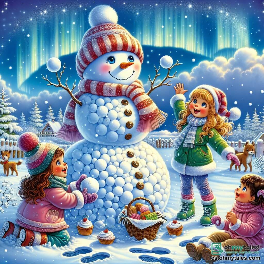 Ilustración que representa un jardín nevado, donde la nieve brilla bajo un cielo azul claro salpicado de nubes blancas. En el centro, un gran muñeco de nieve sonriente, hecho de bolas de nieve, con una zanahoria como nariz y botones de carbón. Tres niñas, de aproximadamente 8 años, juegan alrededor del muñeco de nieve. La primera niña tiene el cabello largo y castaño, lleva un gorro rojo y una bufanda a rayas, levantando los brazos al aire, llena de alegría. La segunda niña, con cabello rubio y rizado, viste un traje de esquí rosa y sostiene una bola de nieve lista para lanzar. La tercera niña, con cabello castaño recogido en dos coletas, lleva un abrigo azul y mira al cielo, maravillada por una hermosa aurora boreal que ilumina el fondo. La atmósfera es festiva y mágica, con copos de nieve cayendo suavemente a su alrededor y huellas en la nieve que conducen a una pequeña cesta llena de pasteles y chocolate caliente.