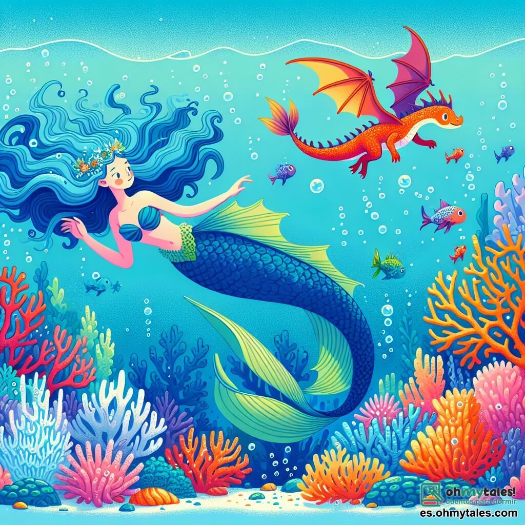 Une illustration sous forme de dessin destinée aux enfants représentant un magnifique récif de corail coloré, où une sirène aux écailles bleu profond et aux cheveux dorés nage avec grâce, entourée d'un petit dragon aux écailles rouges et oranges qui bat des ailes avec excitation, alors qu'ils découvrent ensemble un arbre de cristal scintillant, symbole de leur amitié et de leur quête pour retrouver le chemin du royaume flottant.