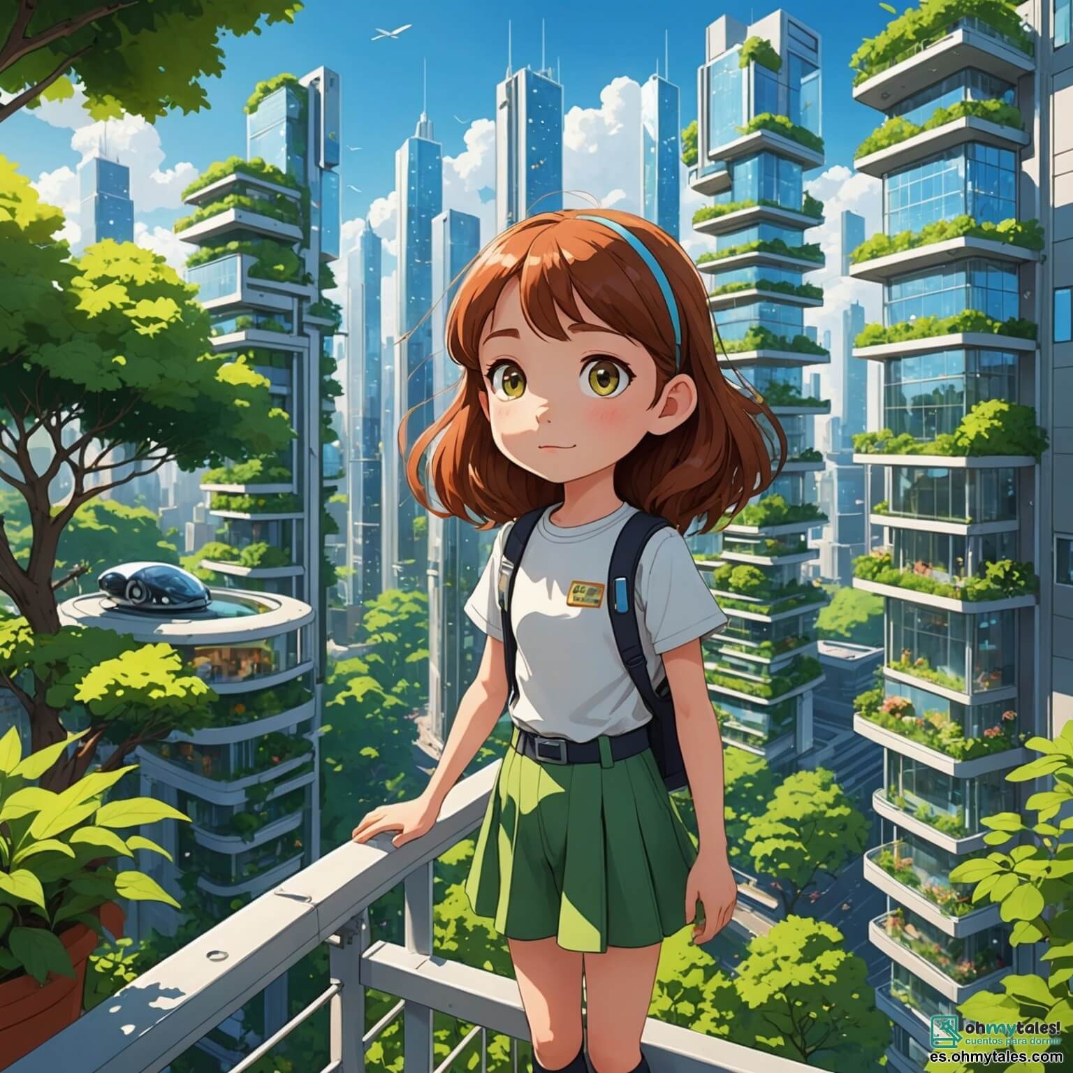 Une illustration destinée aux enfants représentant une petite fille aux cheveux castaños et aux yeux pétillants, qui rêve de devenir une inventrice dans une ville futuriste flottante où des bâtiments en verre scintillent sous le soleil, des voitures volantes zèbrent le ciel et des arbres verdoyants s'accrochent aux balcons, tandis qu'elle explore ce monde aux côtés de son meilleur ami, un garçon curieux, dans le parc luxuriant qui abrite des créatures extraordinaires et des technologies étonnantes.