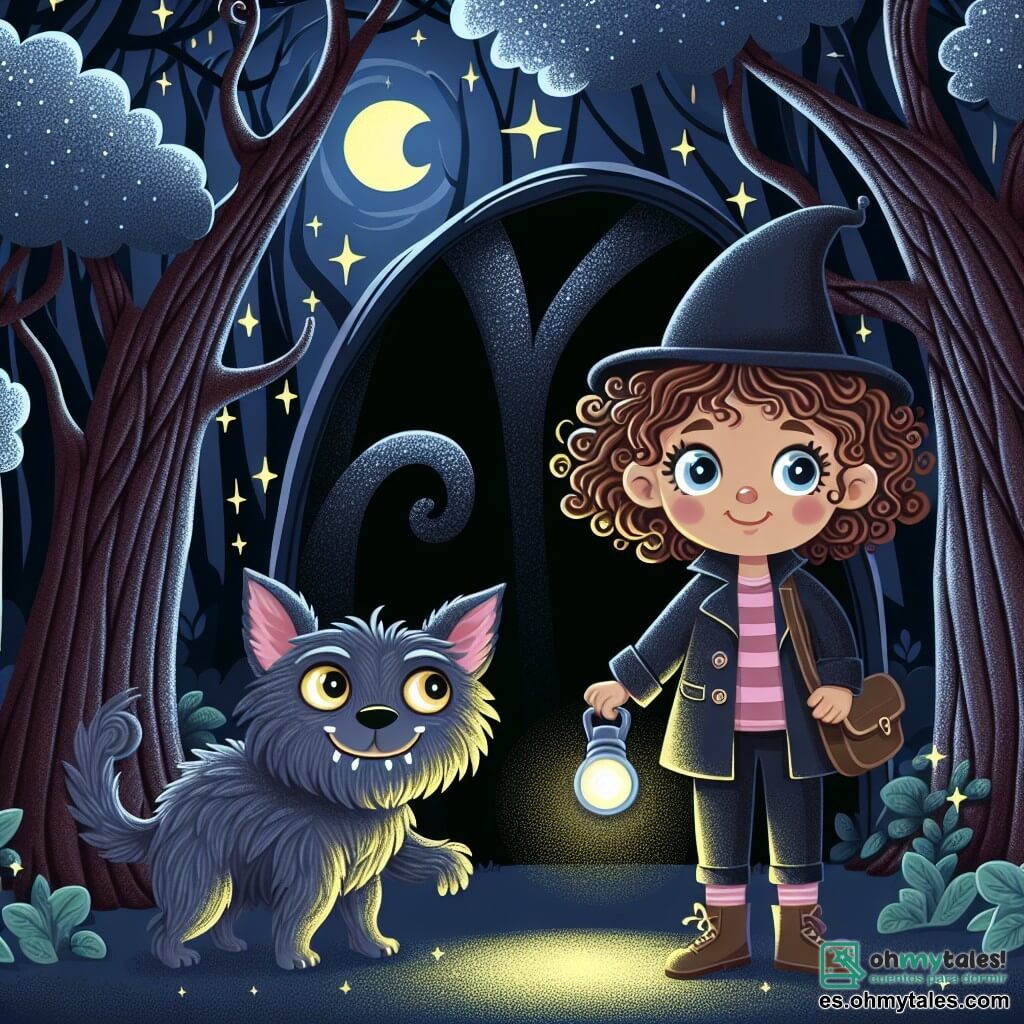 Une illustration sous forme de dessin destinée aux enfants représentant un mystérieux et sombre bois, avec des arbres aux troncs noueux et des feuilles scintillantes sous la lumière de la lune, où une fille de 9 ans aux cheveux bouclés et aux yeux pétillants, portant une petite veste et une lampe de poche, se tient courageusement devant un grand arbre noir avec une porte secrète, tandis qu'un zorro au pelage argenté et aux yeux dorés, à ses côtés, l'encourage avec un sourire amical, alors qu'elle s'apprête à entrer dans un monde magique rempli de défis et de mystères.