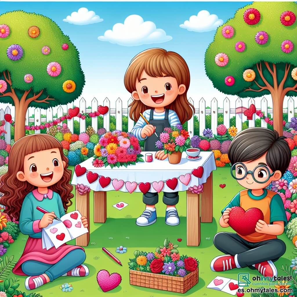 Une illustration sous forme de dessin destinée aux enfants représentant un jardin coloré rempli de fleurs éclatantes, où un garçon de 11 ans aux cheveux bouclés et à la grande sourire est en train de décorer une table avec des guirlandes en forme de cœur pour une fête de la Saint-Valentin, tandis qu'une fille énergique aux cheveux longs et bruns l'aide en tenant un bouquet de fleurs, et un garçon calme aux lunettes, assis sur une pelouse, dessine des cartes de vœux, le tout dans une atmosphère joyeuse et festive, symbolisant l'amitié et la célébration.