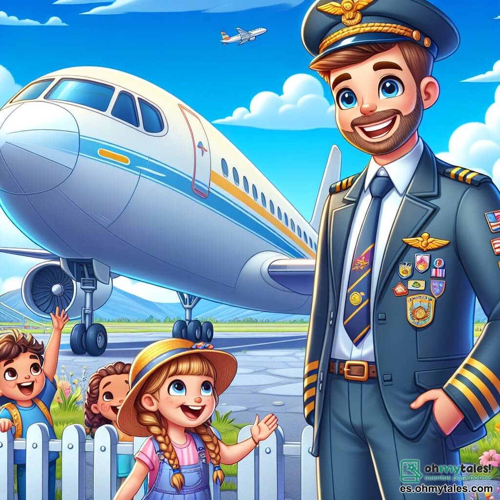 Une illustration sous forme de dessin destinée aux enfants représentant un aéroport animé sous un ciel bleu éclatant, avec un homme pilote souriant, grand et portant une gorra de pilote et une veste ornée de patchs colorés, debout à côté d'un avion majestueux, tandis qu'une jeune fille aux cheveux en tresses et un chapeau de soleil l'observe avec des yeux émerveillés, tous deux attendant le décollage d'un vol, alors qu'un groupe d'enfants enthousiastes, aux visages joyeux, se tient derrière une barrière, levant les bras en signe d'encouragement, créant une atmosphère de rêve et d'aventure.