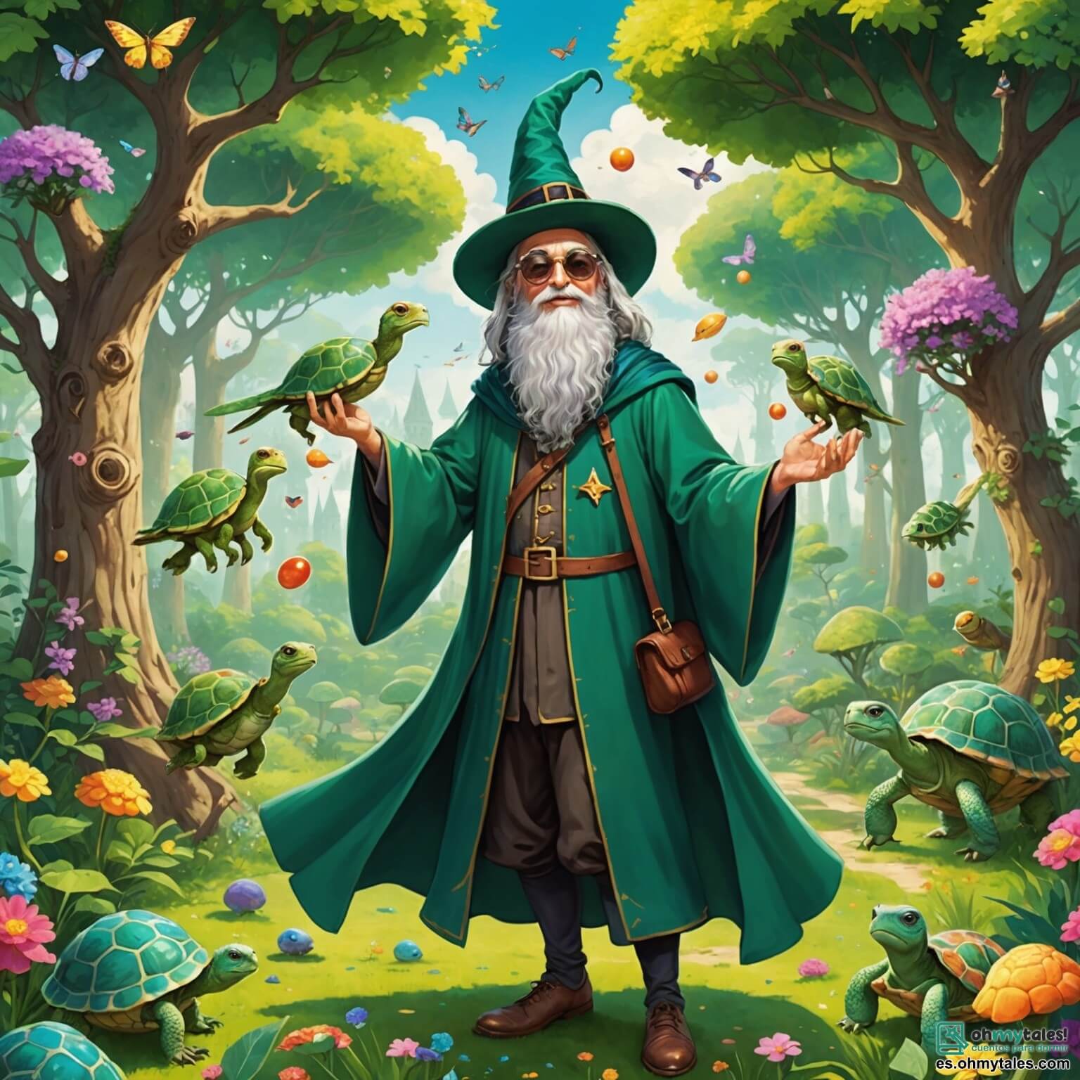 Une illustration destinée aux enfants représentant un sorcier à la barbe verte émeraude et aux yeux étincelants, jonglant avec des tortites volantes dans son jardin enchanté, où les arbres aux troncs spirales murmurent des secrets et les fleurs chantent des mélodies colorées, tandis qu'une mosca géante, portant des lunettes de soleil et une casquette, virevolte joyeusement autour de lui.