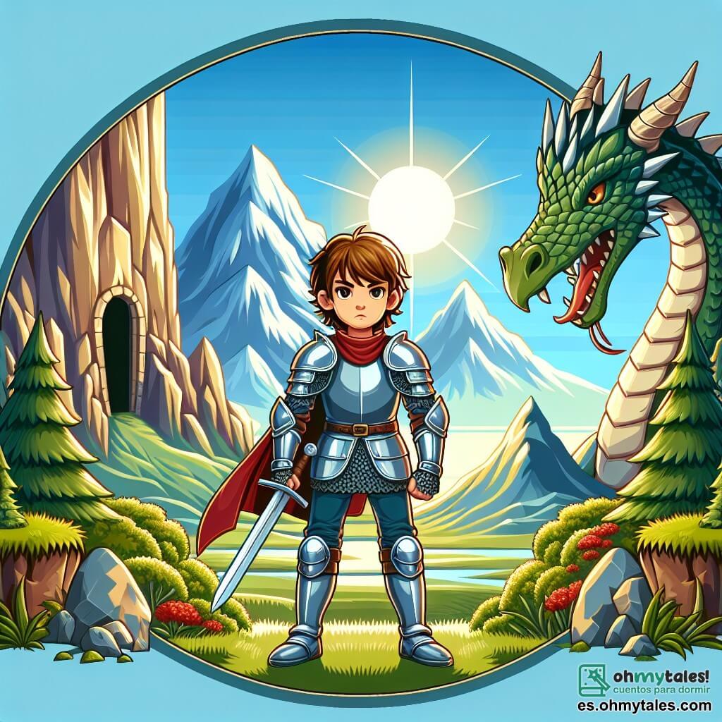 Une illustration sous forme de dessin destinée aux enfants représentant un vaste et verdoyant paysage de montagnes majestueuses, avec un chevalier courageux en armure brillante, un garçon aux cheveux châtains et au regard déterminé, brandissant une épée tout en se tenant devant l'entrée d'une caverne mystérieuse, tandis qu'un dragon majestueux aux écailles scintillantes, avec des yeux perçants, l'observe avec curiosité, symbolisant le moment où le chevalier s'apprête à entrer dans le Labyrinthe de los Ecos pour découvrir la vérité sur son destin.