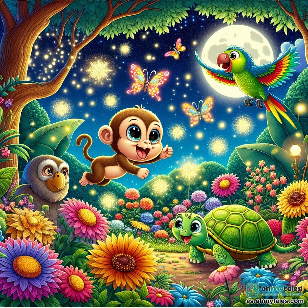 Ilustración que representa un jardín mágico lleno de flores brillantes que resplandecen en la noche, rodeado de grandes árboles con hojas exuberantes y un cielo estrellado. En el centro, un pequeño mono de pelaje marrón claro, con grandes ojos chispeantes de curiosidad, salta alegremente de flor en flor, tratando de atrapar una mariposa colorida que vuela a su alrededor. Cerca, una tortuga de caparazón verde y brillante, con un aire sabio, observa la escena con una sonrisa, mientras un loro de plumas vivas imita risas y sonidos divertidos, volando sobre la cabeza del mono. La situación principal muestra al mono en plena aventura, rodeado de sus amigos animales, todos maravillados por la belleza del jardín y las luciérnagas que bailan a su alrededor, creando una atmósfera alegre y mágica. Elementos adicionales incluyen luciérnagas centelleantes iluminando el jardín, flores de colores vivos y suaves sombras proyectadas por la luz de la luna, añadiendo un toque de ensueño a la escena.
