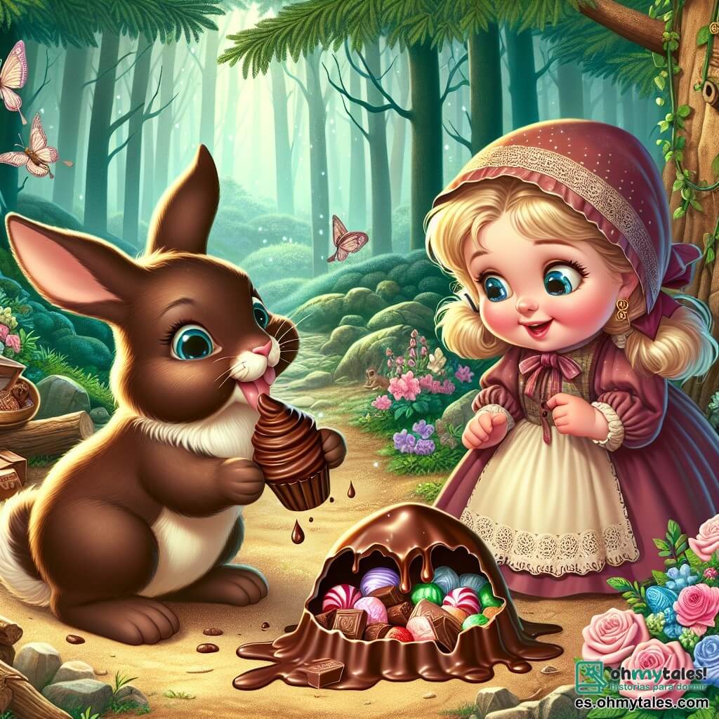 Une illustration destinée aux enfants représentant une petite fille, un lapin en chocolat espiègle, dans une clairière enchantée du bois, où elle découvre sa cachette secrète pleine de délices sucrés.