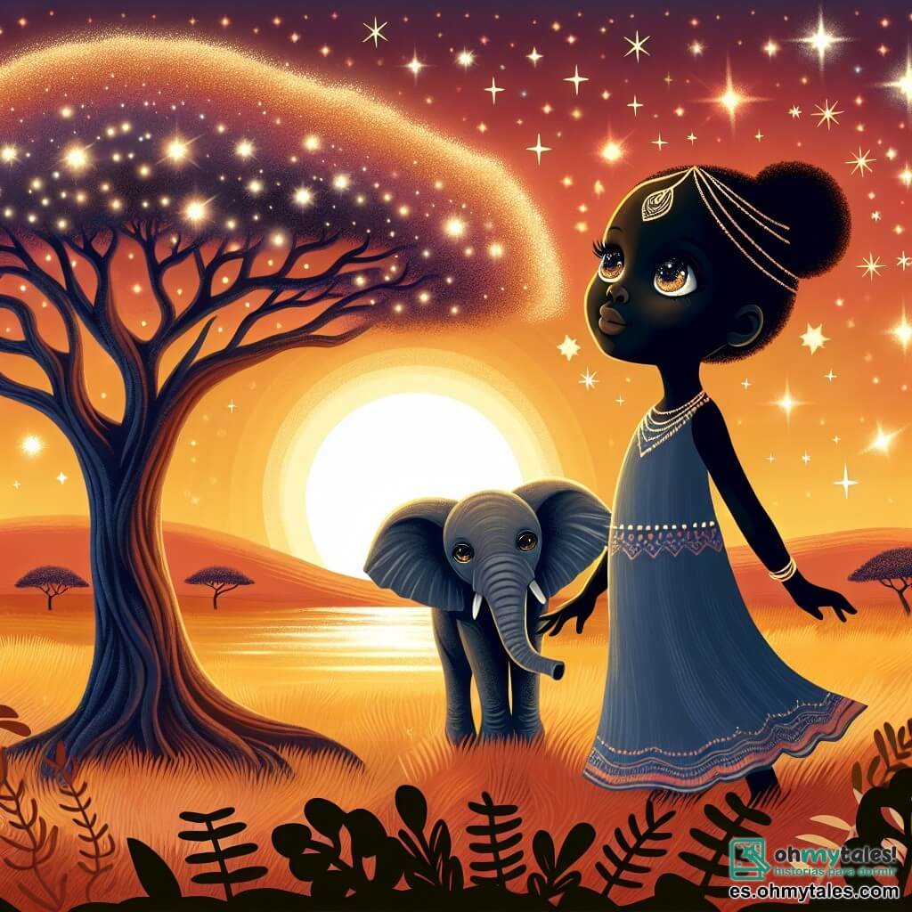 Une illustration destinée aux enfants représentant une femme au regard pétillant, observant un arbre majestueux et sage, en compagnie d'un éléphant doux et protecteur, dans une savane baignée de couleurs chaudes et de douces lumières du soleil couchant.
