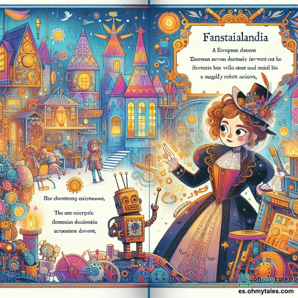 Une illustration destinée aux enfants représentant une inventrice excentrique, accompagnée de son fidèle robot assistant, dans son atelier coloré et magique de Fantasialandia.