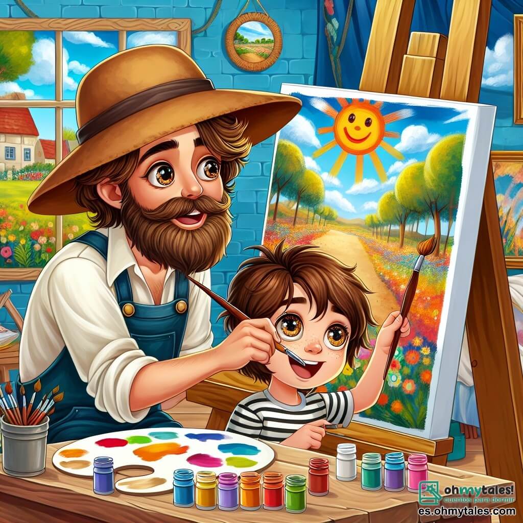 Une illustration sous forme de dessin destinée aux enfants représentant un atelier d'artiste coloré avec des murs ornés de tableaux vibrants, où un homme à la barbe légèrement ébouriffée et portant un grand chapeau de feutre est assis à une table, tenant un pinceau et peignant un paysage joyeux sur un grand canevas, tandis qu'un garçon aux yeux pétillants et à la chevelure brune, vêtu d'un t-shirt rayé, observe avec émerveillement et tient un pinceau prêt à l'utiliser, capturant l'instant magique où ils créent ensemble une œuvre d'art qui exprime la joie et la liberté d'un parc ensoleillé.