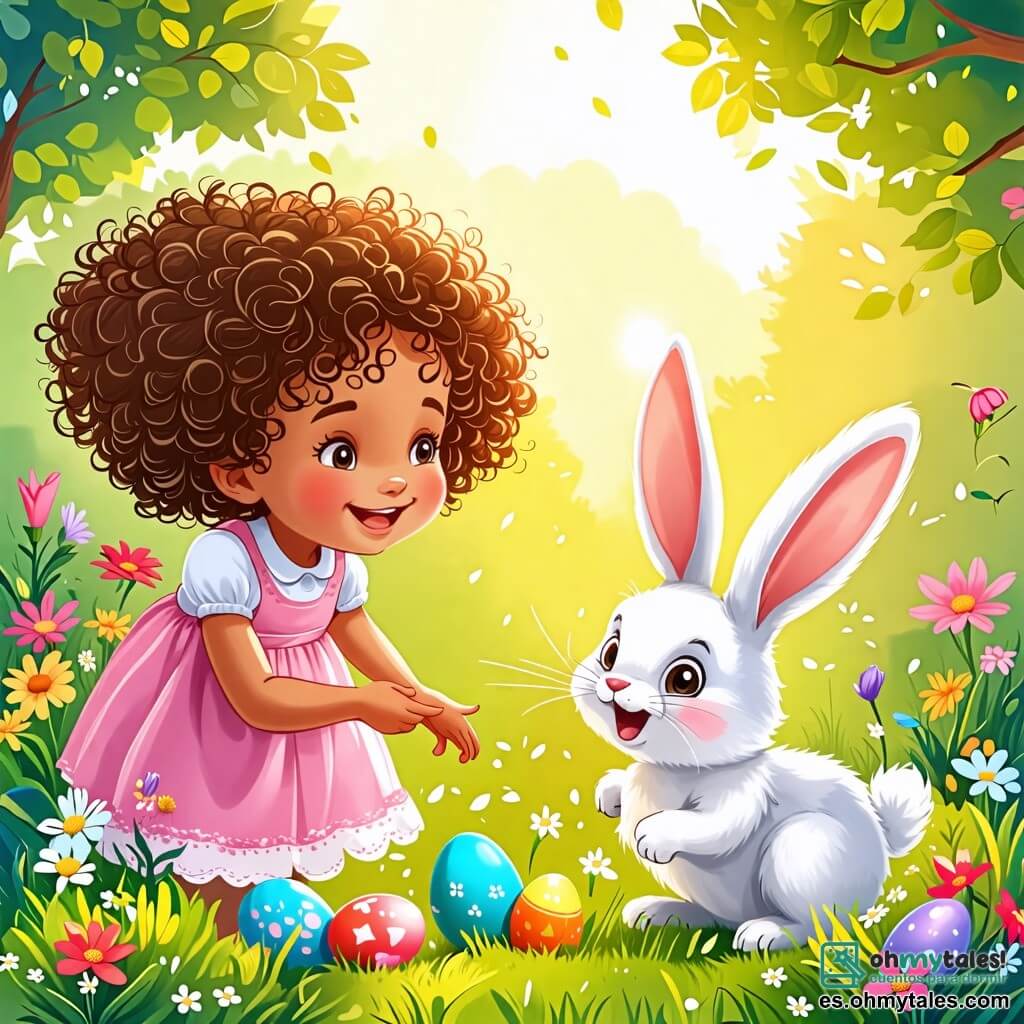 Une illustration sous forme de dessin destinée aux enfants représentant un jardin ensoleillé rempli de fleurs colorées et d'arbres verdoyants, où une petite fille de 2 ans aux cheveux bouclés et aux yeux pétillants, vêtue d'une robe rose, cherche des œufs de Pâques colorés avec un grand sourire, tandis qu'un adorable petit lapin blanc aux grandes oreilles et au pelage doux l'encourage en sautillant joyeusement à ses côtés, créant une atmosphère magique et festive de chasse aux œufs.