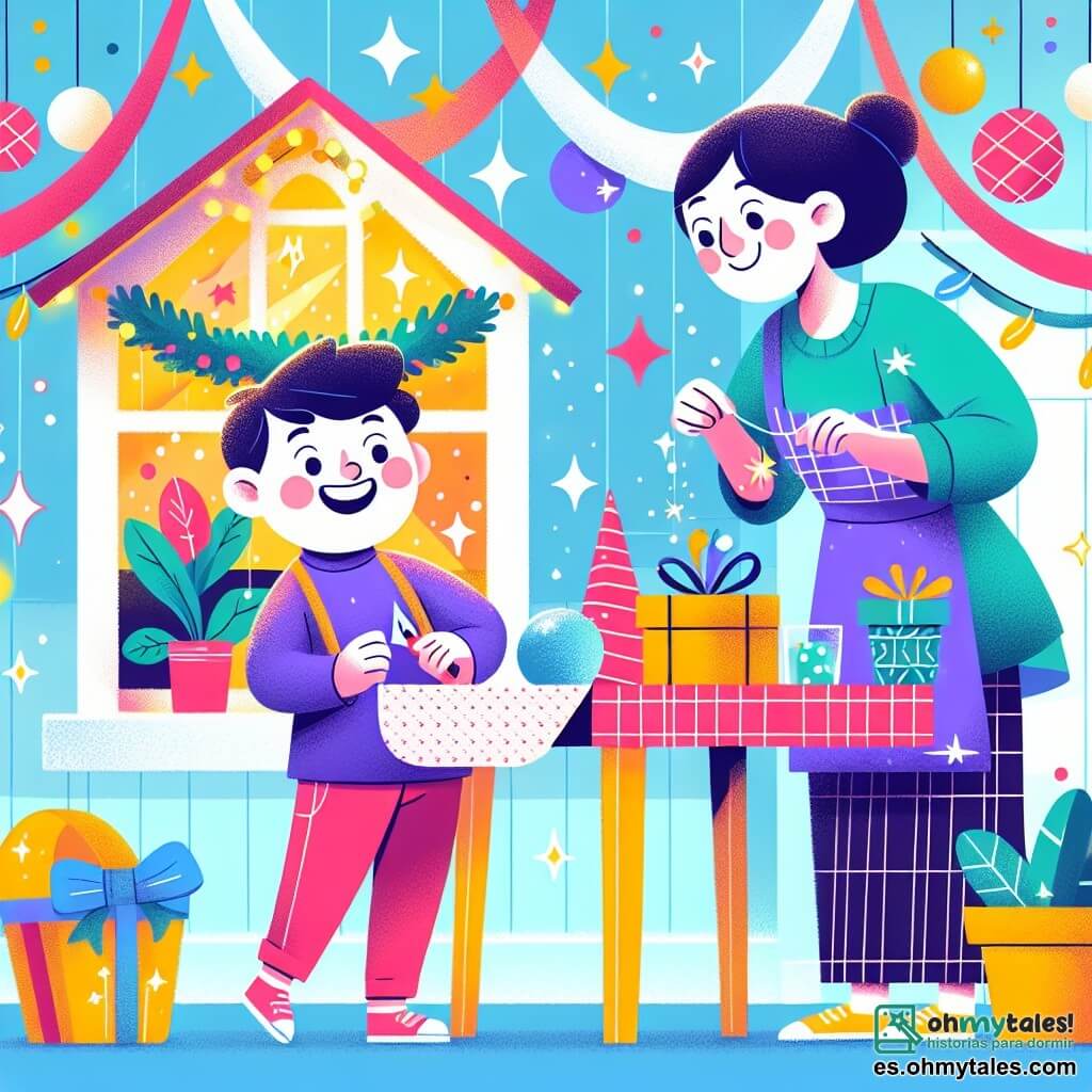 Une illustration destinée aux enfants représentant un garçon plein d'énergie et de curiosité, préparant une grande fête de fin d'année avec l'aide de sa maman, dans une petite maison de couleurs vives décorée de guirlandes et de globos scintillants.