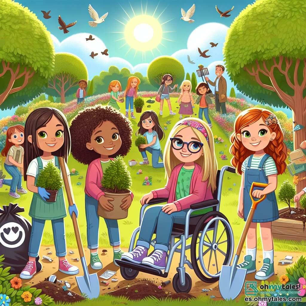 Ilustración que representa un parque soleado de Villa Verde, con árboles frondosos, flores coloridas y un cielo azul brillante. En el centro, un grupo de cuatro niñas de diez años está reunido. Una de ellas, con cabello castaño y rizado, está sentada en una silla de ruedas, sonriendo y sosteniendo una pequeña pala. Junto a ella, una niña de cabello rubio y liso, que lleva gafas, recoge basura con guantes de jardinería. Otra niña, con cabello castaño y una trenza, está plantando un joven árbol, mientras que la última, con cabello rojo y rizado, sostiene un cartel de cartón que dice "¡Protejamos nuestro planeta!" La escena muestra a las niñas en acción, sonriendo y comprometidas con su misión de limpieza y plantación de árboles, rodeadas de bolsas de basura y herramientas de jardinería. Al fondo, otros niños y adultos se unen a ellas, creando una atmósfera de camaradería y determinación. Pájaros vuelan en el cielo y un sol radiante ilumina la escena, simbolizando la esperanza y el entusiasmo por un futuro mejor.