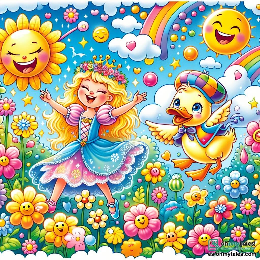 Une illustration sous forme de dessin destinée aux enfants représentant un jardin magique aux couleurs vives, rempli de fleurs souriantes et d'arbres aux visages joyeux, où une princesse aux cheveux blonds éclatants et au sourire radieux saute de joie en jouant avec un canard espiègle portant une petite gorra de explorateur, tandis qu'ils rient ensemble en cherchant la légendaire Fleur de les Désirs, entourés de bulles de rire flottantes et d'un ciel ensoleillé parsemé de nuages en forme de bonbons.