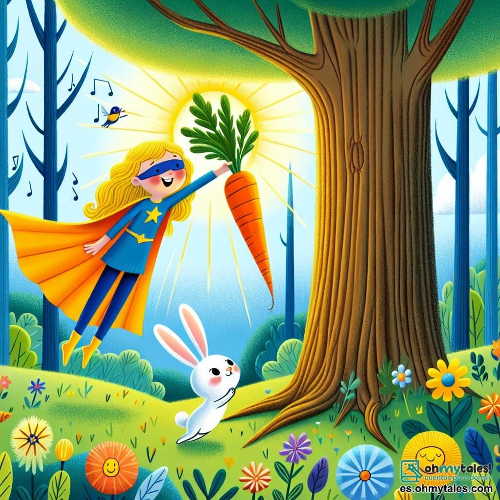 Une illustration sous forme de dessin destinée aux enfants représentant une forêt enchantée avec des arbres aux troncs bleus et des fleurs colorées chantant sous le soleil, où une super-héroïne aux longs cheveux dorés et à la cape jaune brillante vole joyeusement vers un arbre haut, tenant une grande carotte orange dans ses mains, tandis qu'un petit lapin blanc aux yeux ronds et curieux, avec des oreilles longues, regarde avec émerveillement depuis le sol, illustrant le moment où la super-héroïne aide son ami à récupérer sa précieuse carotte coincée dans les branches.