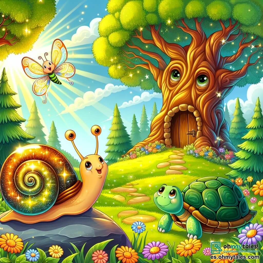 Ilustración que representa un magnífico claro soleado, rodeado de grandes árboles con hojas verdes brillantes y flores coloridas que bailan al viento. En el centro, un pequeño caracol con una concha en espiral de tonos brillantes de amarillo y naranja, se mueve con determinación sobre una piedra lisa, con sus antenas levantadas hacia el cielo, mostrando una expresión de curiosidad y entusiasmo. A su lado, una tortuga con caparazón verde y marrón, con ojos sabios, observa atentamente, mientras una luciérnaga centelleante, con alas translúcidas, vuela a su alrededor, iluminando la escena con una suave luz. Juntos, buscan un tesoro escondido, un viejo jardín secreto, con un aire de aventura y amistad, mientras un viejo árbol majestuoso, con una puerta mágica, se alza en el fondo, listo para revelar sus misterios.