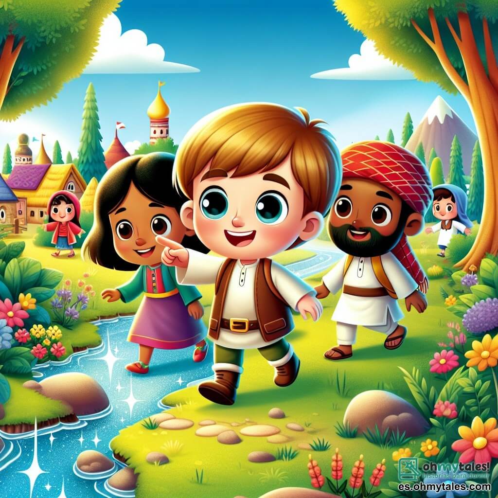 Une illustration destinée aux enfants représentant un petit garçon curieux, entouré de ses amis, découvrant un monde coloré rempli de diverses cultures, dans un village enchanteur bordé d'arbres majestueux et d'un ruisseau scintillant.
