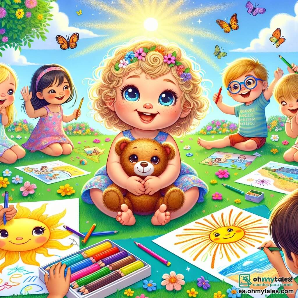 Ilustración que representa un jardín soleado, lleno de flores coloridas y un gran cielo azul. En el centro, una niña de 1 año, con grandes ojos brillantes y cabello rizado, sonríe alegremente mientras sostiene un oso de peluche en sus brazos. Está sentada en la hierba verde, rodeada de dibujos de playas y fuegos artificiales que ha realizado con sus amigos. Alrededor de ella, varios niños de aproximadamente 5 años, con cabello rubio y castaño, se divierten pintando imágenes de verano en grandes hojas de papel, riendo y compartiendo lápices de colores. Uno de ellos, un niño con gafas, muestra orgullosamente su dibujo de un sol radiante. La escena irradia una atmósfera de alegría y creatividad, con risas y colores vivos. Mariposas vuelan alrededor, añadiendo un toque mágico a este momento de aprendizaje y diversión veraniega.