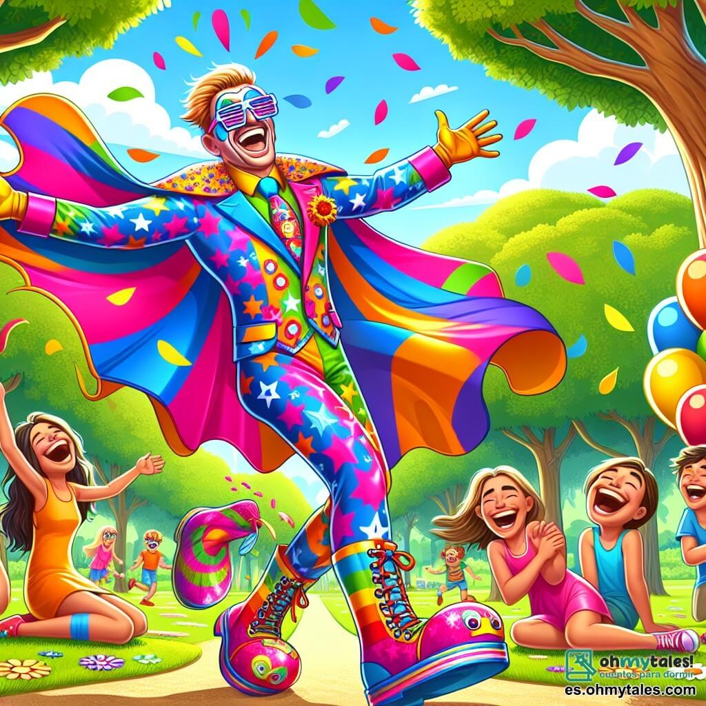 Ilustración que representa un parque colorido, lleno de árboles con hojas verdes brillantes y flores multicolores. En el centro, un hombre con un traje de superhéroe extravagante, con una capa que ondea al viento, una cara sonriente y gafas de sol cómicas. Su traje está adornado con grandes motivos de colores vivos, estrellas y rayas, y lleva zapatos gigantes que parecen globos. A su lado, una mujer de unos 30 años, con cabello de colores que cambian de tono, se ríe a carcajadas. Ella lleva un traje de superheroína con motivos de risas y accesorios divertidos, como pendientes en forma de nubes. La escena muestra al hombre tropezando de manera cómica, con los brazos en el aire, mientras cae al suelo, mientras que niños a su alrededor ríen a carcajadas, algunos sosteniendo globos y confeti. Risas y colores vivos llenan el aire, creando una atmósfera alegre y lúdica.