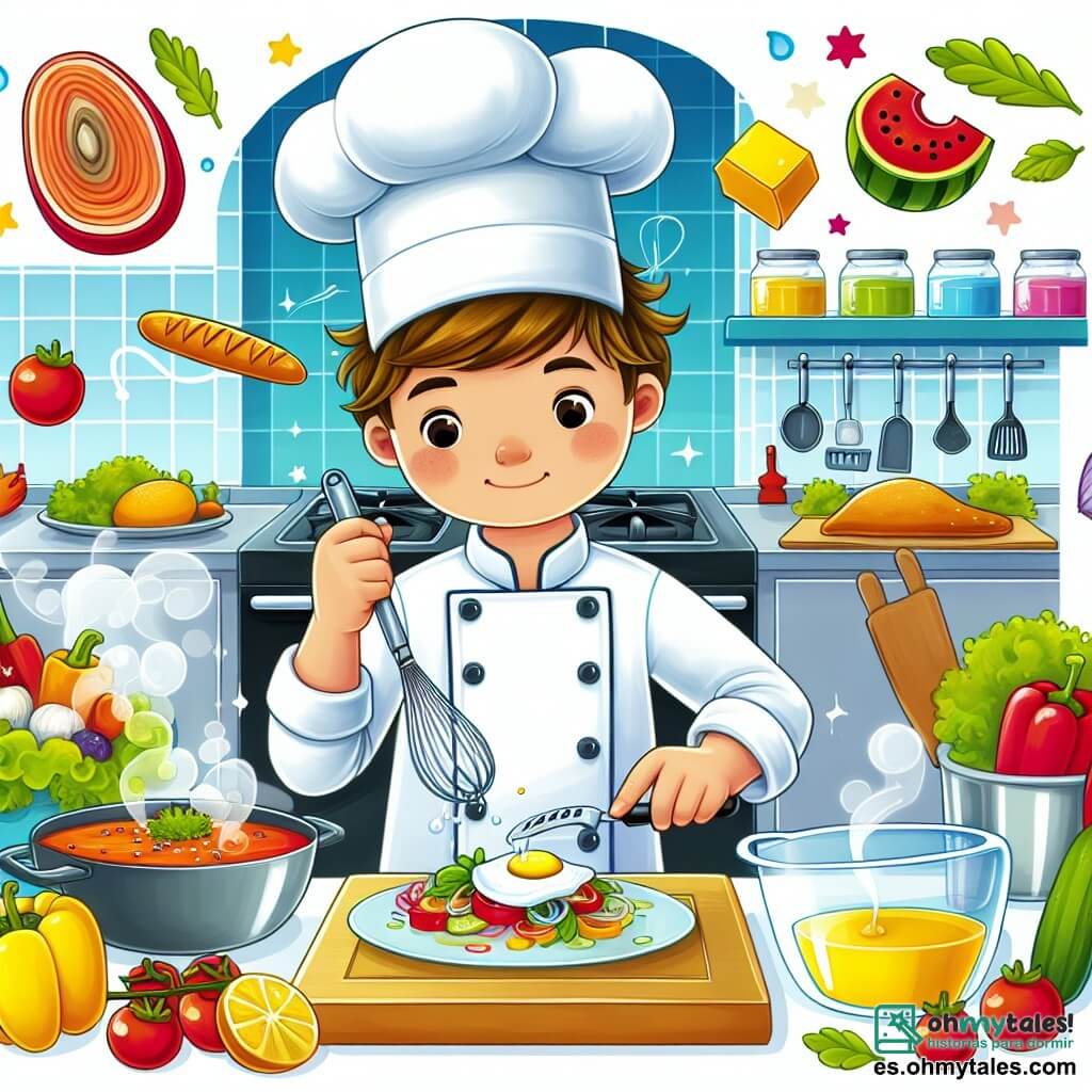 Une illustration destinée aux enfants représentant un jeune chef cuisinier passionné par la gastronomie, préparant un plat innovant pour impressionner un célèbre chef, dans une cuisine lumineuse et colorée remplie d'ustensiles brillants et d'ingrédients frais.