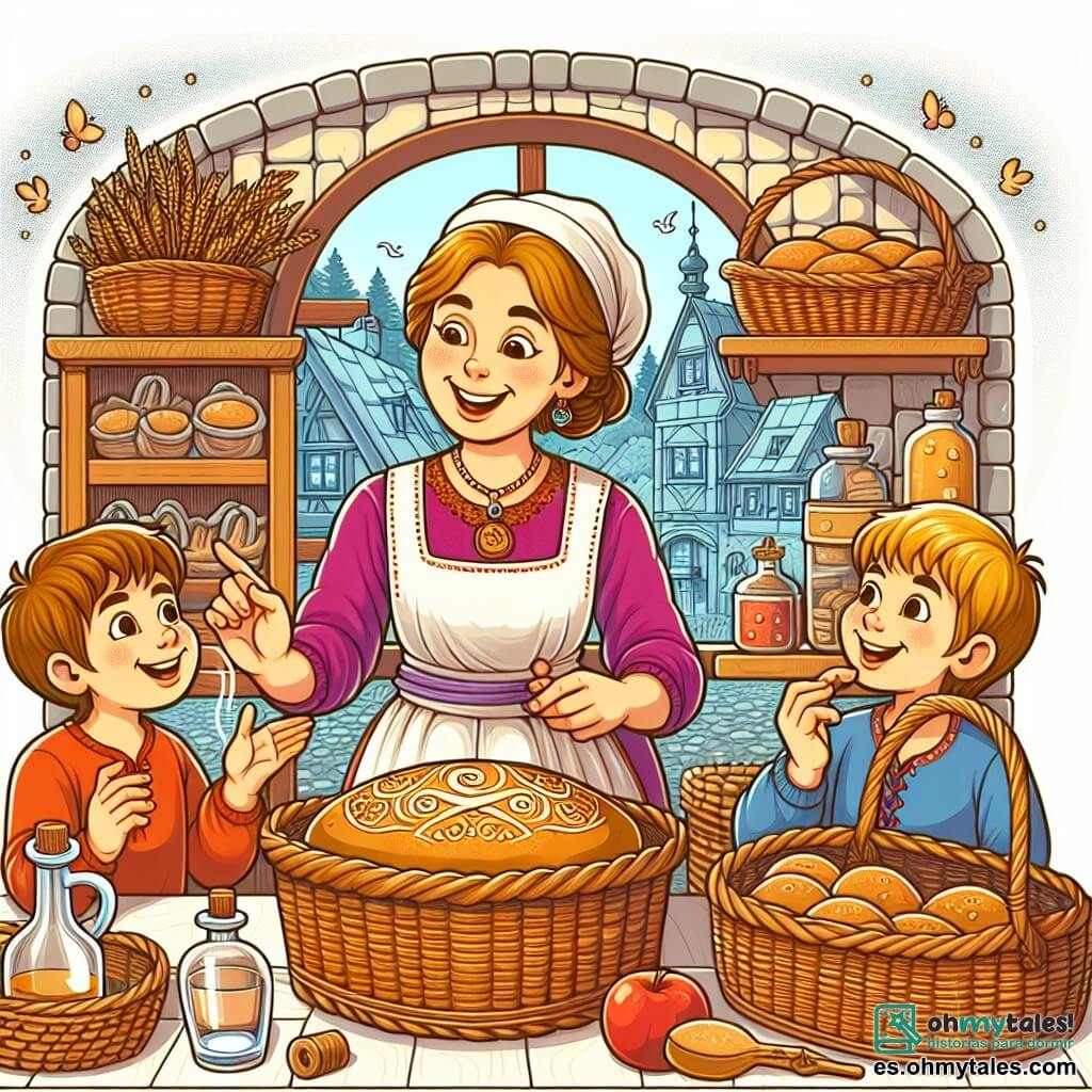 Une illustration destinée aux enfants représentant une femme joyeuse et travailleuse, partageant ses secrets de boulangerie avec deux enfants curieux, dans une panadería décorée de cestas de mimbre et d'arômes alléchants, située dans le pittoresque pueblo de Villa Pan.