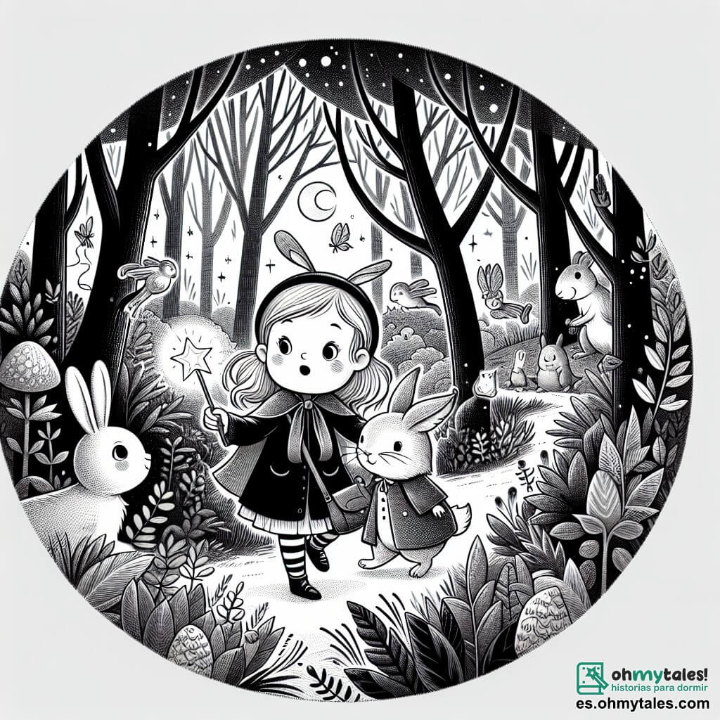 Une illustration destinée aux enfants représentant une petite fille curieuse tenant une varita mágica, accompagnée de un conejo parlant, explorant un jardin enchanté entouré de bosques mystérieux et criaturas mágicas.
