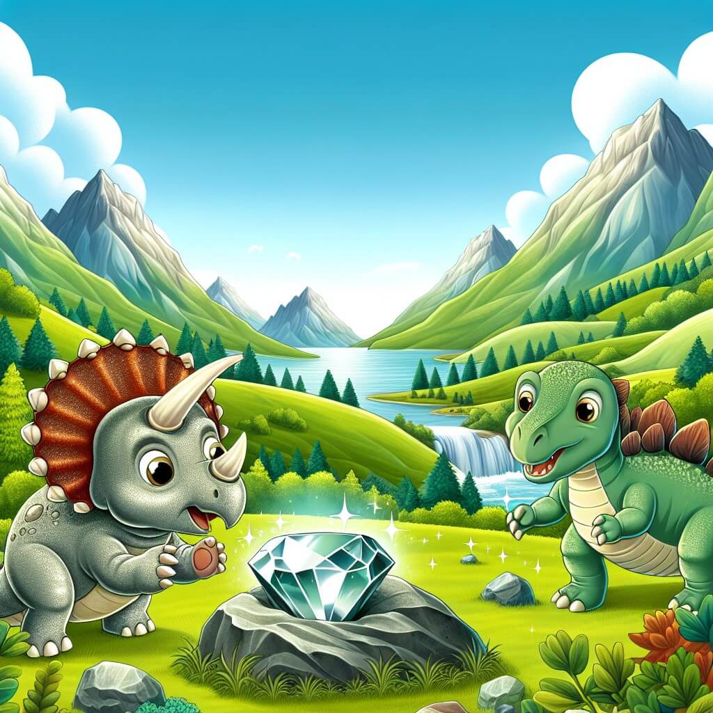 Une illustration destinée aux enfants représentant un jeune tricératops curieux et aventureux, découvrant une mystérieuse pierre brillante, accompagné d'un sympathique stégosaure, dans un magnifique valle verdoyant entouré de hautes montagnes et de cascades scintillantes.