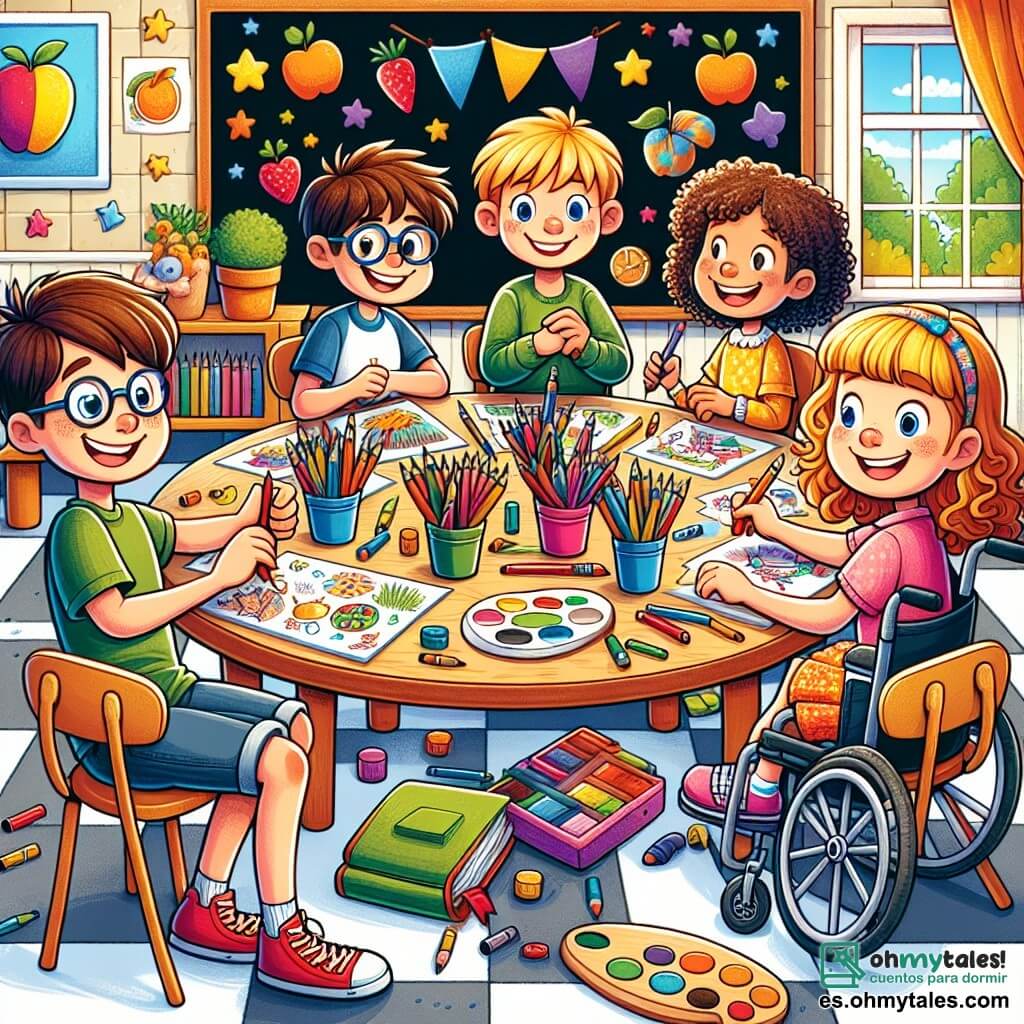 Ilustración que representa un aula colorida y acogedora, con paredes decoradas con dibujos de animales, frutas y estrellas. En el centro, una gran mesa redonda está rodeada de sillas cómodas. Un niño de 10 años, con cabello castaño y gafas, está sentado en una silla, sonriendo y sosteniendo un lápiz de color, listo para dibujar. A su lado, otro niño de 9 años, con cabello rubio y zapatos rojos brillantes, observa atentamente su papel, con aire concentrado. Una niña de 10 años, con cabello rizado y un vestido colorido, dibuja con entusiasmo, añadiendo colores vivos a su obra. Finalmente, un niño de 11 años, en silla de ruedas, sonríe alegremente, sosteniendo una paleta de pintura, listo para compartir sus ideas creativas. La escena muestra a estos niños trabajando juntos en un proyecto artístico, rodeados de útiles escolares coloridos, con lápices, marcadores y hojas de papel esparcidas sobre la mesa. La atmósfera está llena de alegría y camaradería, ilustrando la emoción del regreso a clases y la importancia de la amistad.