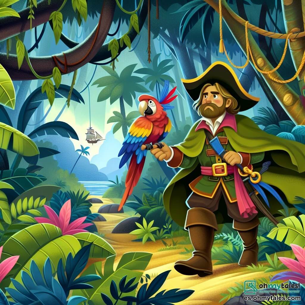 Une illustration destinée aux enfants représentant un explorateur courageux, accompagné d'un perroquet coloré, traversant une jungle luxuriante et mystérieuse à la recherche d'une plante magique rare.