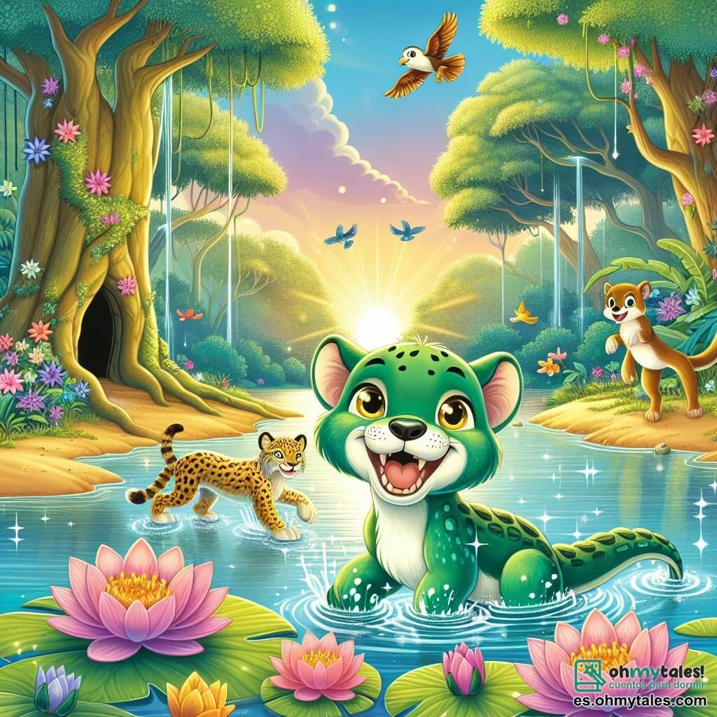 Ilustración que representa un magnífico y pacífico Río de los Susurros, con aguas brillantes que reflejan los rayos del sol, rodeado de coloridas flores de loto y grandes árboles de hojas verdes. En el centro de la escena, un joven cocodrilo de escamas verde esmeralda y ojos chispeantes de curiosidad, se encuentra en la orilla, con una amplia sonrisa en su rostro, listo para zambullirse en el agua y explorar. A su lado, un lince de pelaje manchado, ágil y atento, observa los alrededores con ojos traviesos, mientras un pequeño mono de pelo marrón y ojos vivos se balancea alegremente de una rama a otra, añadiendo un toque de dinamismo a la escena. Juntos, están frente a la entrada de una cueva misteriosa, con la mirada fija en un destello dorado que emana del interior, simbolizando el tesoro perdido que buscan recuperar. Aves coloridas vuelan sobre ellos, y círculos de agua se forman alrededor del cocodrilo, ilustrando su emoción y espíritu aventurero.