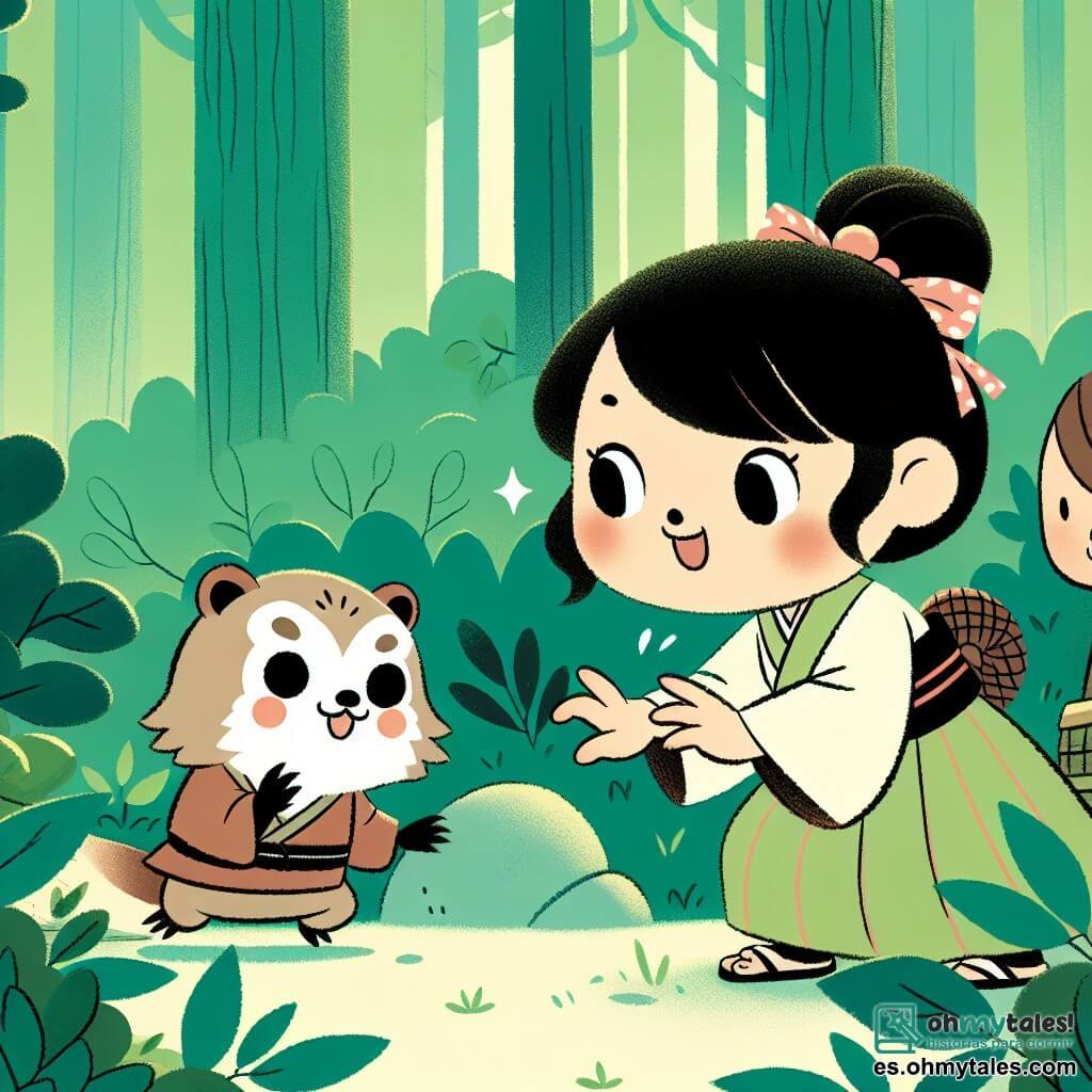 Une illustration destinée aux enfants représentant une jeune femme au cœur généreux rencontrant un tanuki malicieux dans les montagnes verdoyantes et mystérieuses du Japon.