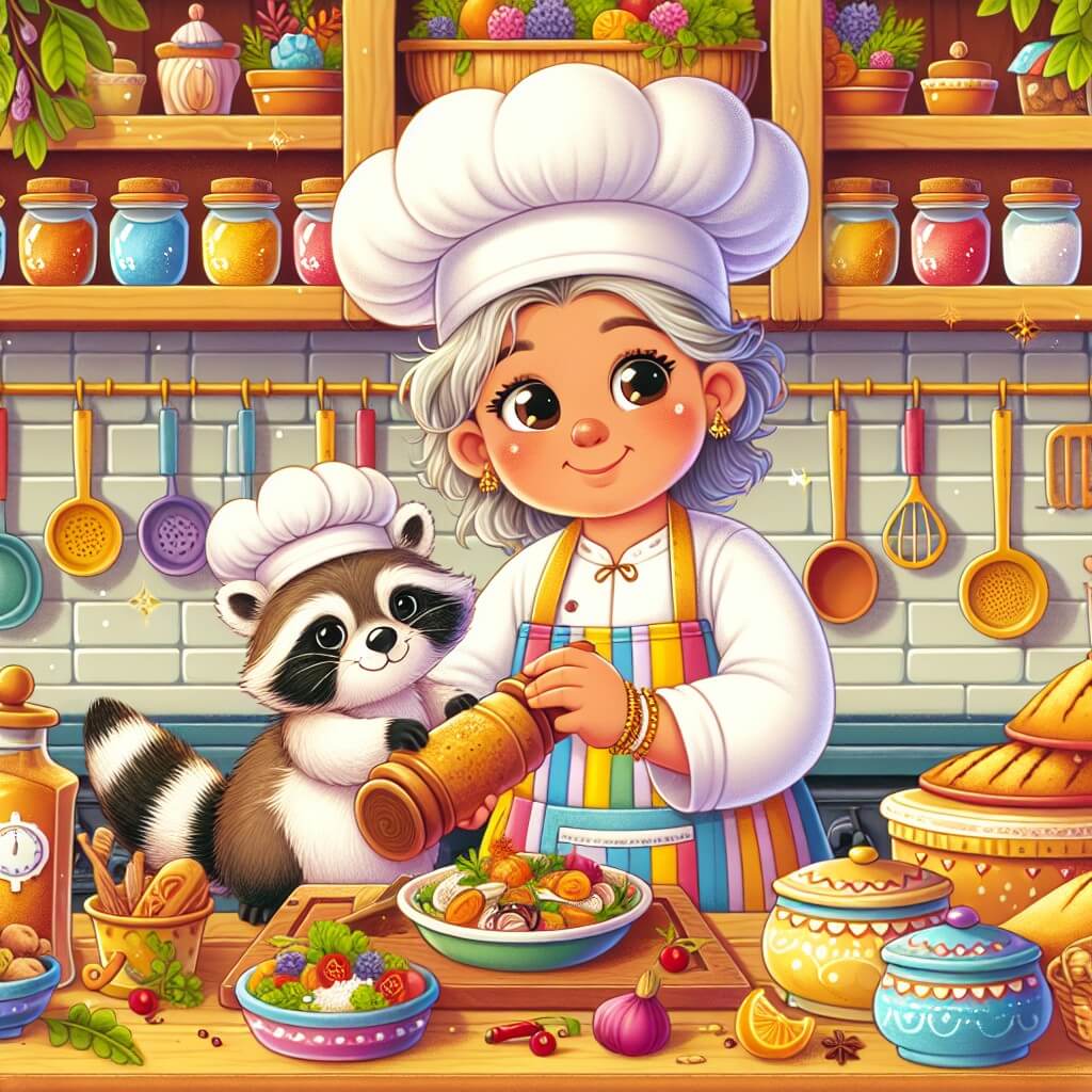 Une illustration destinée aux enfants représentant un chef cuisinier passionné, vêtu d'une toque blanche et d'un tablier coloré, en train de préparer un festin de plats délicieux avec l'aide d'un petit raton laveur dans une cuisine chaleureuse et colorée, remplie d'ustensiles de cuisine étincelants, de pots de fleurs parfumés et d'étagères remplies d'épices exotiques.