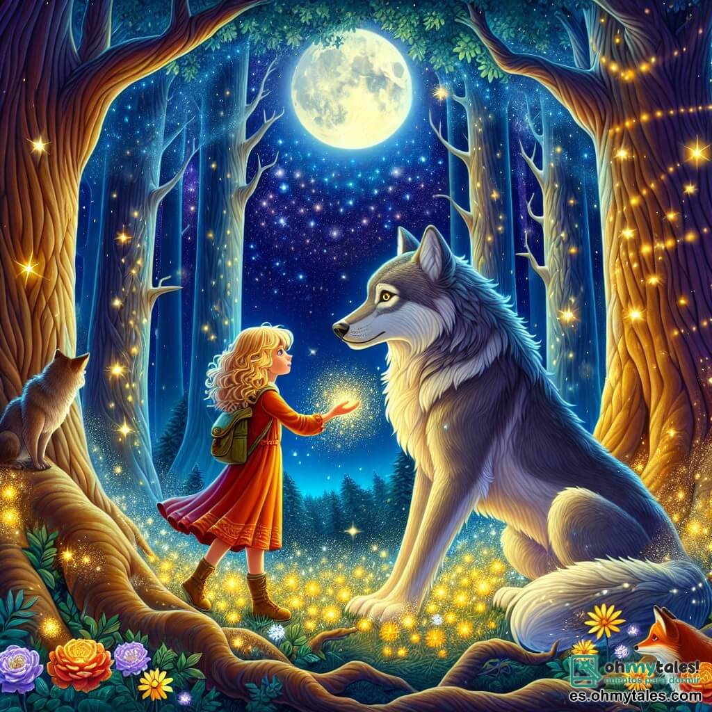 Ilustración que representa una mágica luz de luna en un bosque encantado, donde los majestuosos árboles de troncos gruesos se elevan hacia el cielo estrellado, sus hojas brillando como diamantes. En el centro de la escena, una niña de 11 años con cabello dorado y rizado, vestida con un vestido colorido y una pequeña mochila, se mantiene con valentía, observando a un gran lobo de pelaje gris y ojos brillantes, que emite una aura a la vez misteriosa y suave. El lobo, con una postura majestuosa, parece a la vez poderoso y triste, como si buscara ayuda. En el fondo, siluetas de habitantes del bosque, como sabios búhos y curiosos zorros, miran la escena con expresiones de interés y sorpresa. La situación principal muestra a la niña y al lobo enfrentándose en un momento de comprensión, rodeados de flores luminosas que florecen a su alrededor, simbolizando la esperanza y la redención. Estrellas brillantes en el cielo nocturno añaden un toque de magia a este encuentro inesperado, mientras una suave brisa hace danzar las hojas, creando una atmósfera de misterio y aventura.