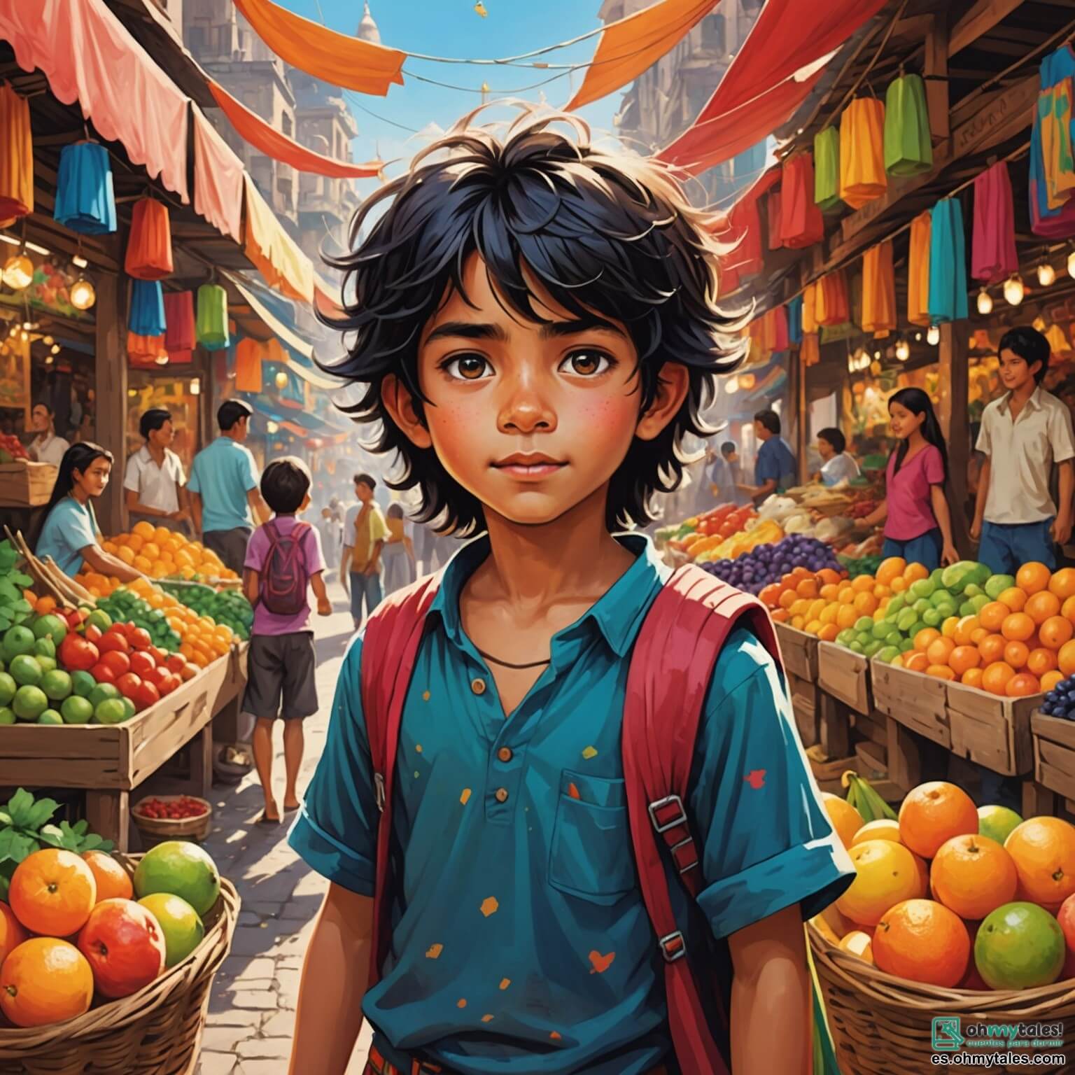 Une illustration destinée aux enfants représentant un jeune garçon au regard pétillant et à la chevelure ébouriffée, vêtu de vêtements colorés et usés par l'aventure, se tenant dans un marché animé aux mille couleurs, où les étals débordent de fruits juteux, de tissus chatoyants et d'épices parfumées, tandis qu'à ses côtés, une jeune fille intrépide aux longs cheveux noirs et à la robe éclatante, pleine de courage et de rêves, l'encourage à défier les conventions pour réaliser leur rêve d'égalité et d'éducation dans la vibrante ville d'Agrabah.